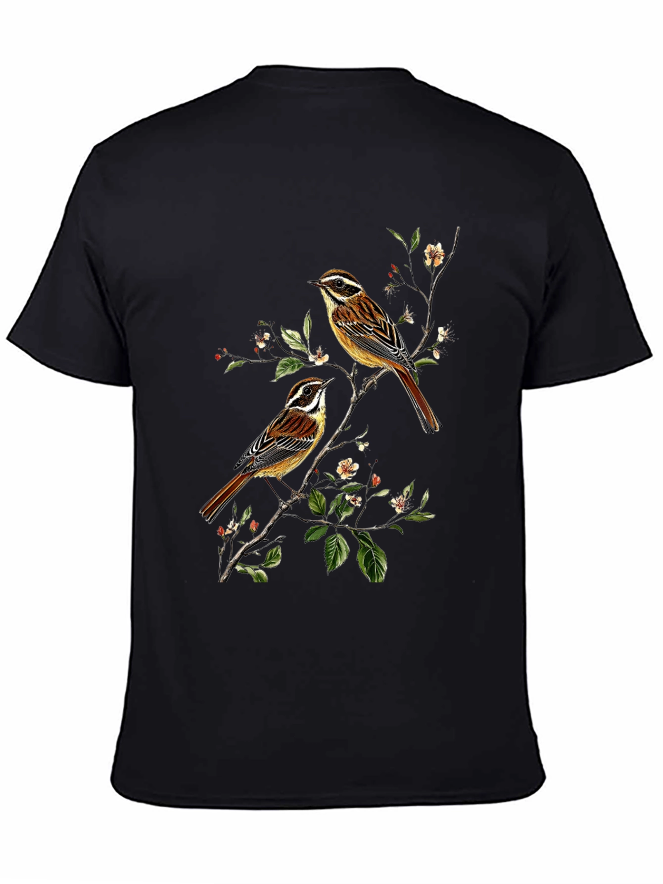 Camiseta Negra con Diseño de Aves y Flores