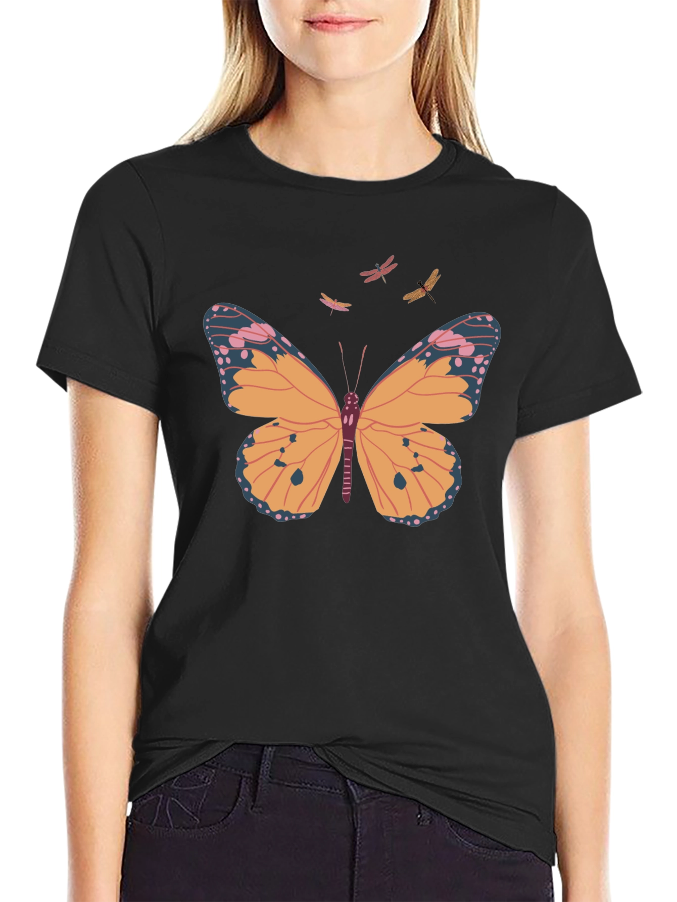 Camiseta Negra con Estampado de Mariposa y Libélulas