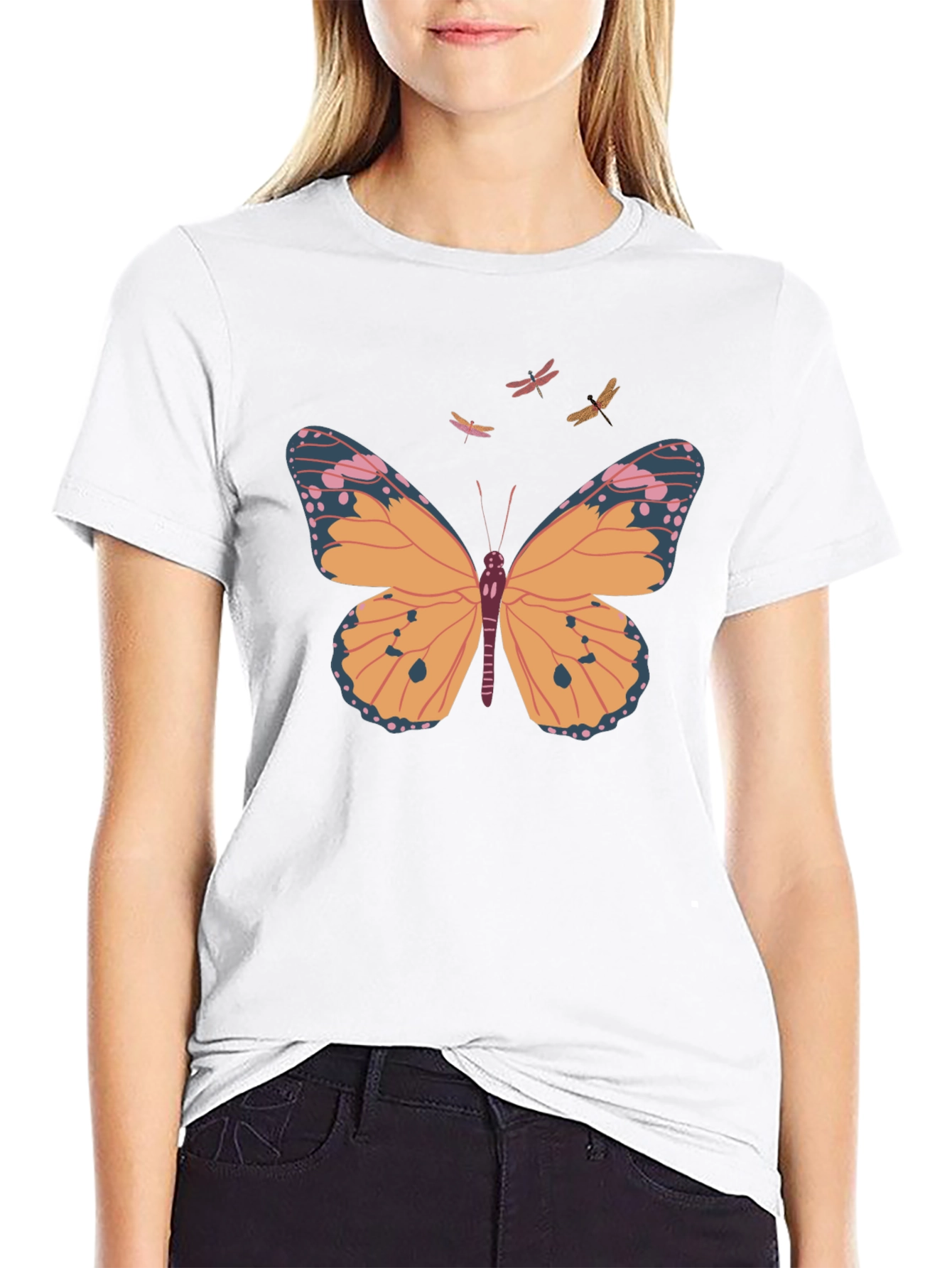 Camiseta Negra con Estampado de Mariposa y Libélulas