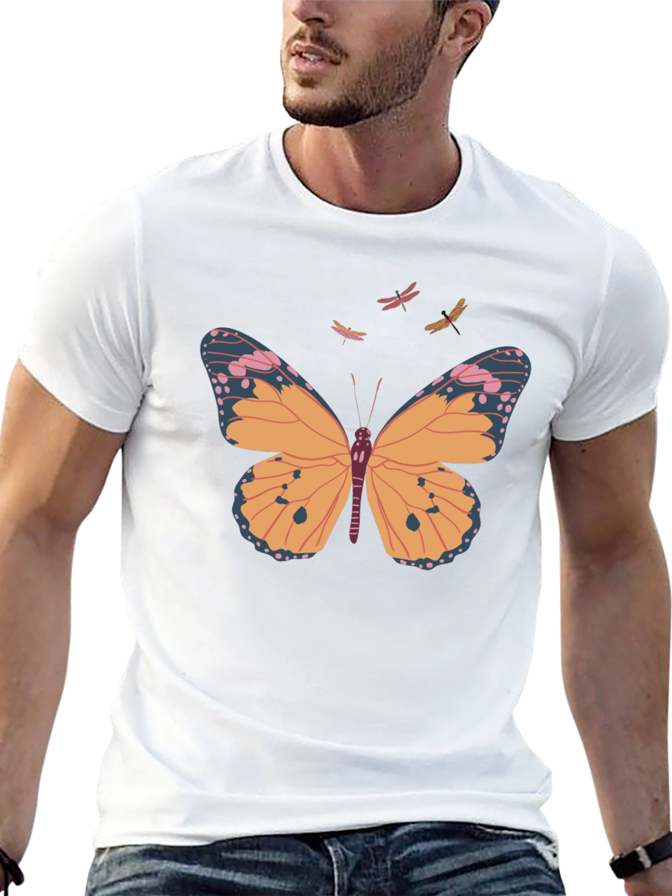 Camiseta Negra con Estampado de Mariposa y Libélulas