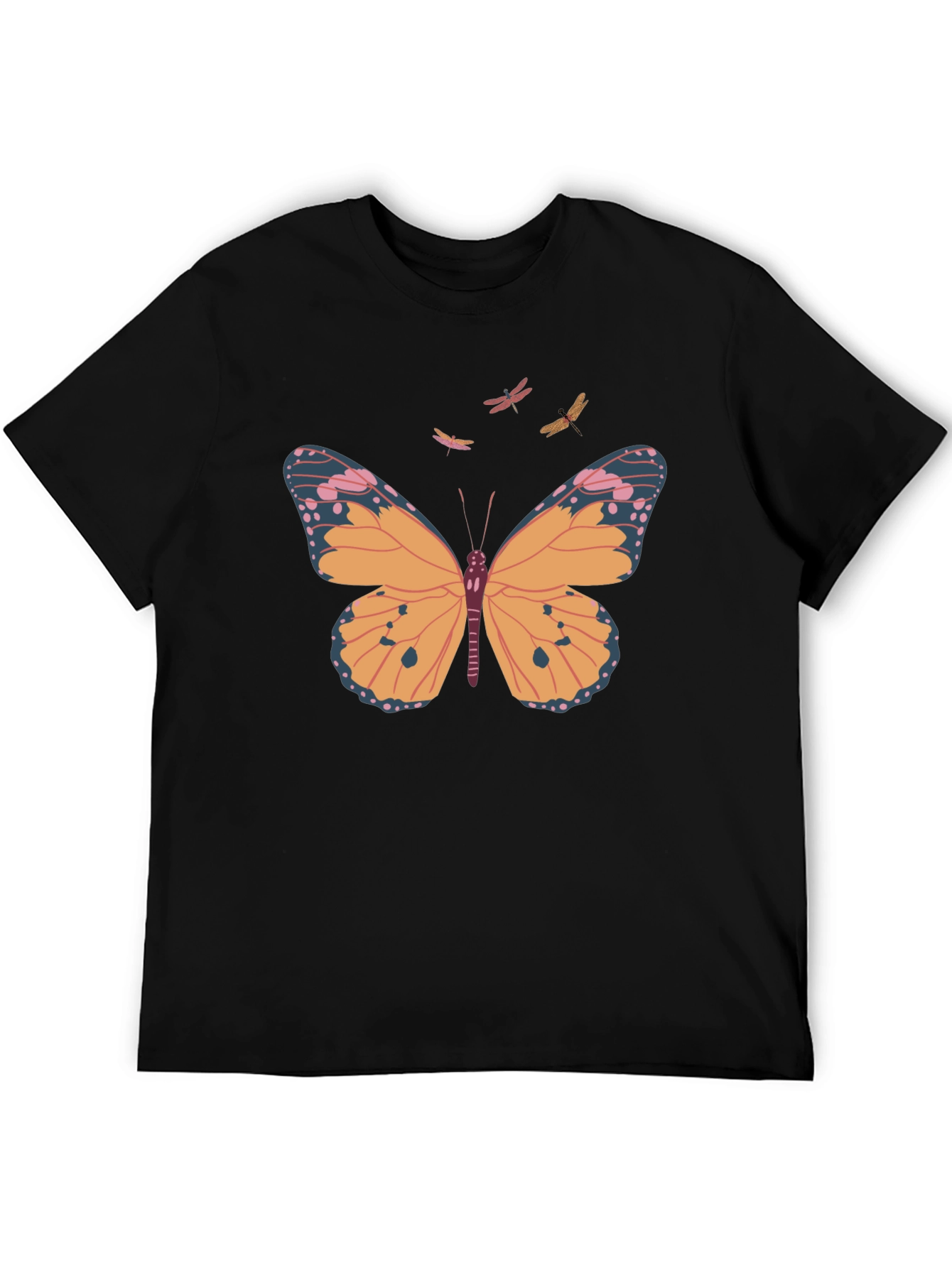 Camiseta Negra con Estampado de Mariposa y Libélulas