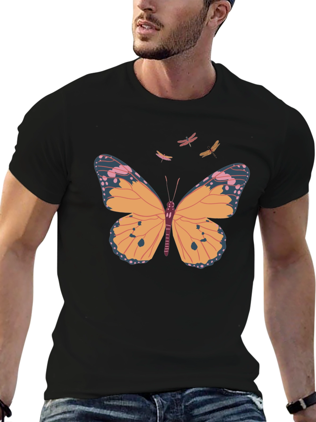 Camiseta Negra con Estampado de Mariposa y Libélulas