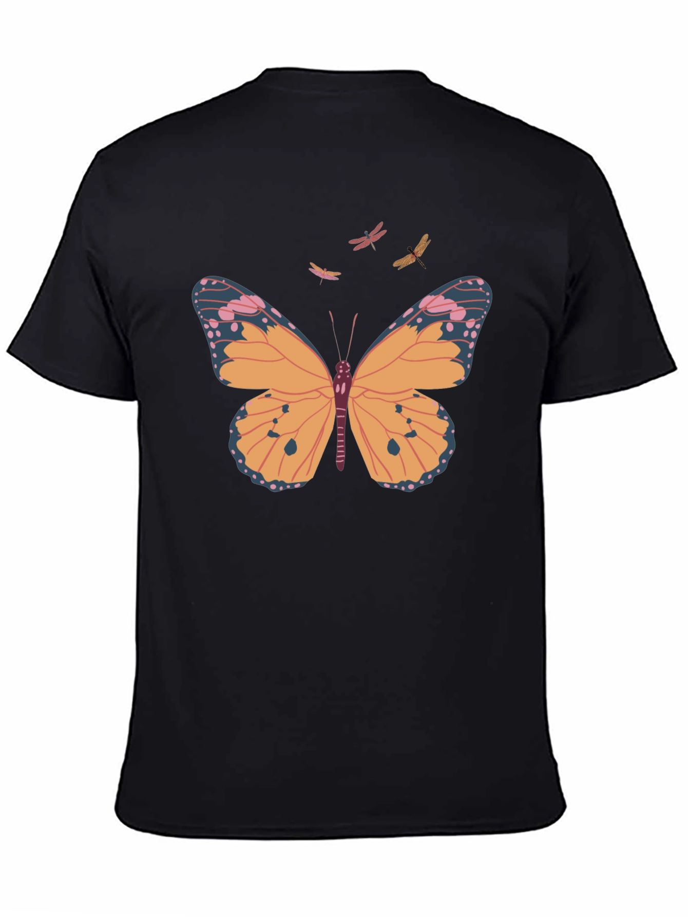 Camiseta Negra con Estampado de Mariposa y Libélulas
