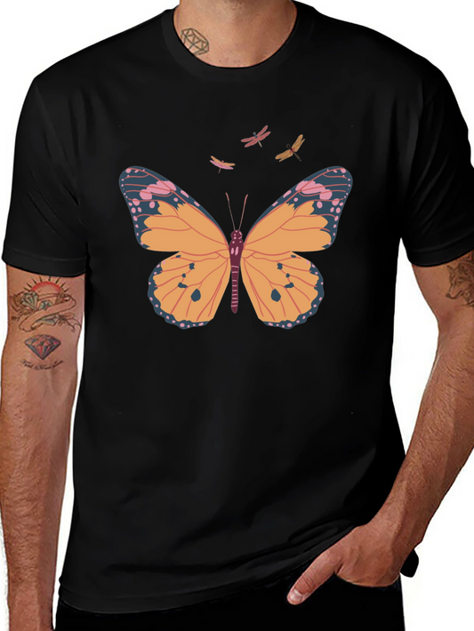 Camiseta Negra con Estampado de Mariposa y Libélulas