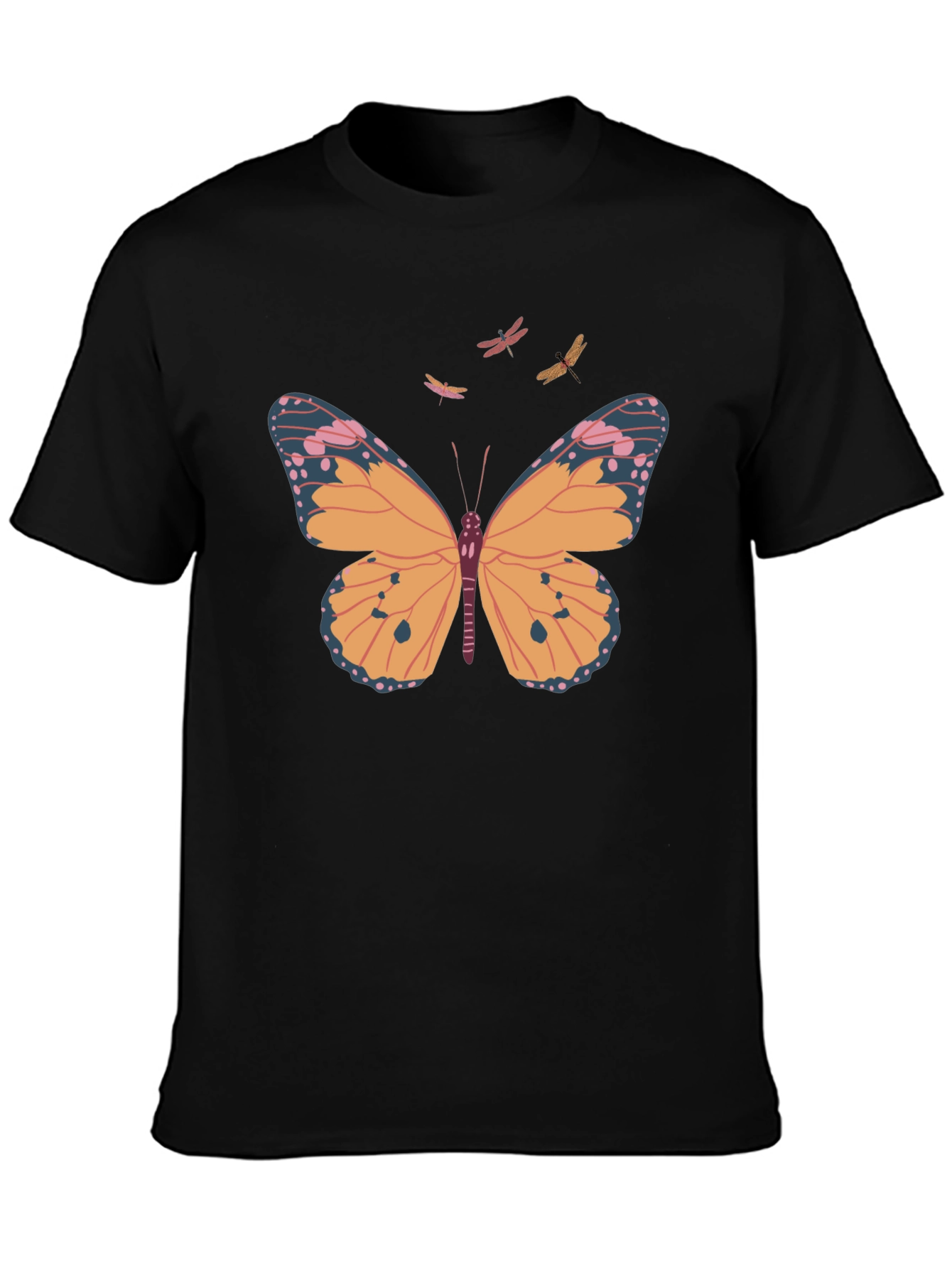 Camiseta Negra con Estampado de Mariposa y Libélulas