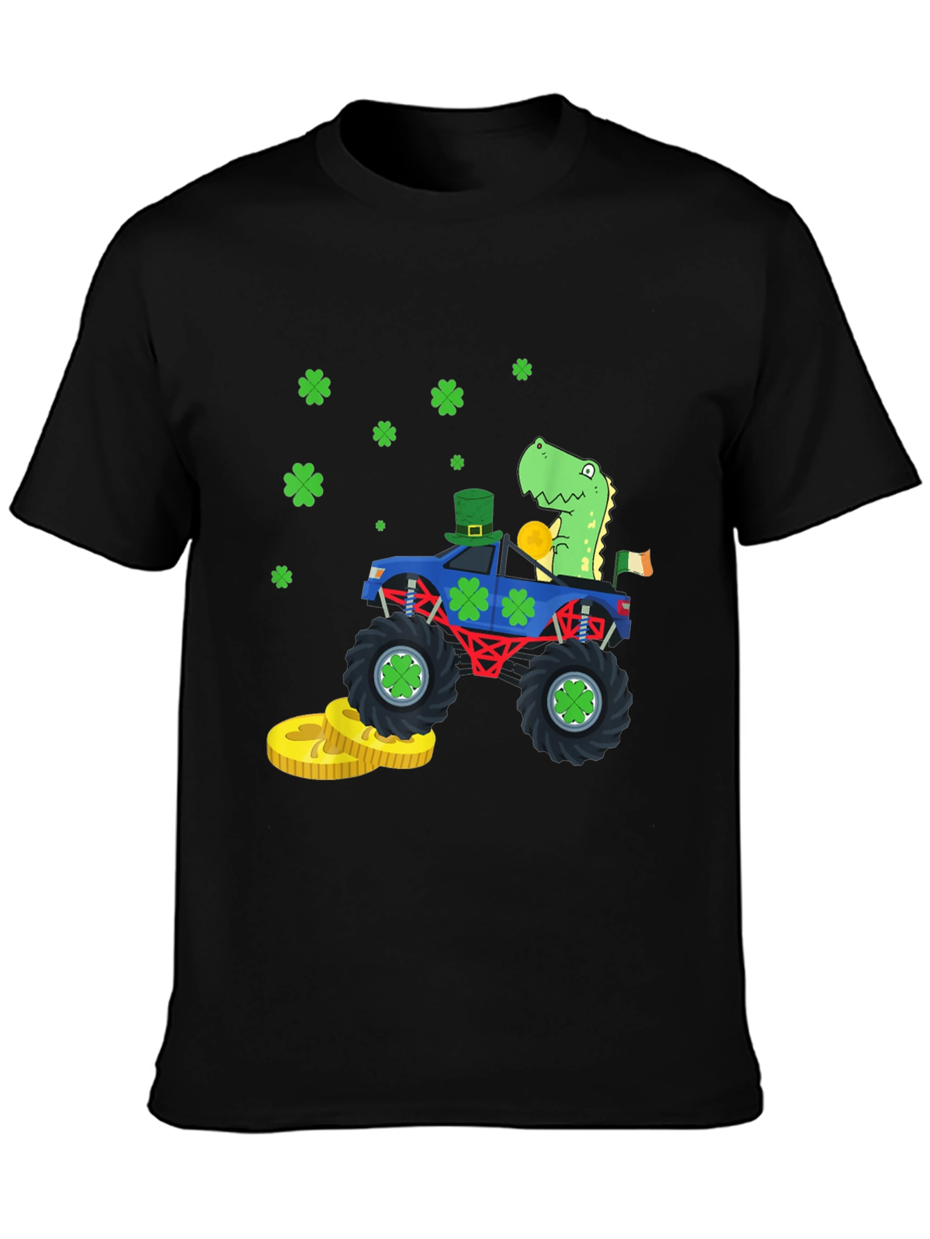 Camiseta Negra con Diseño de Dinosaurio y Tréboles