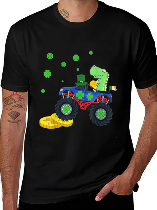 Camiseta Negra con Diseño de Dinosaurio y Tréboles