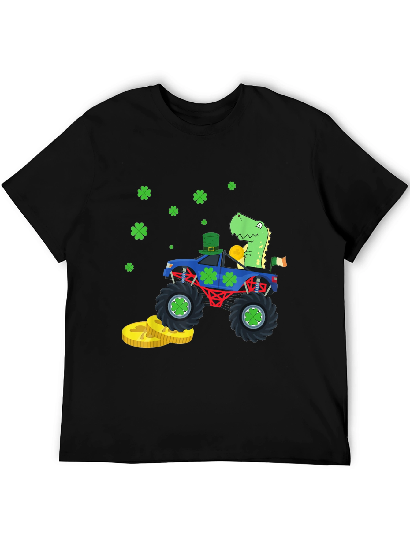 Camiseta Negra con Diseño de Dinosaurio y Tréboles