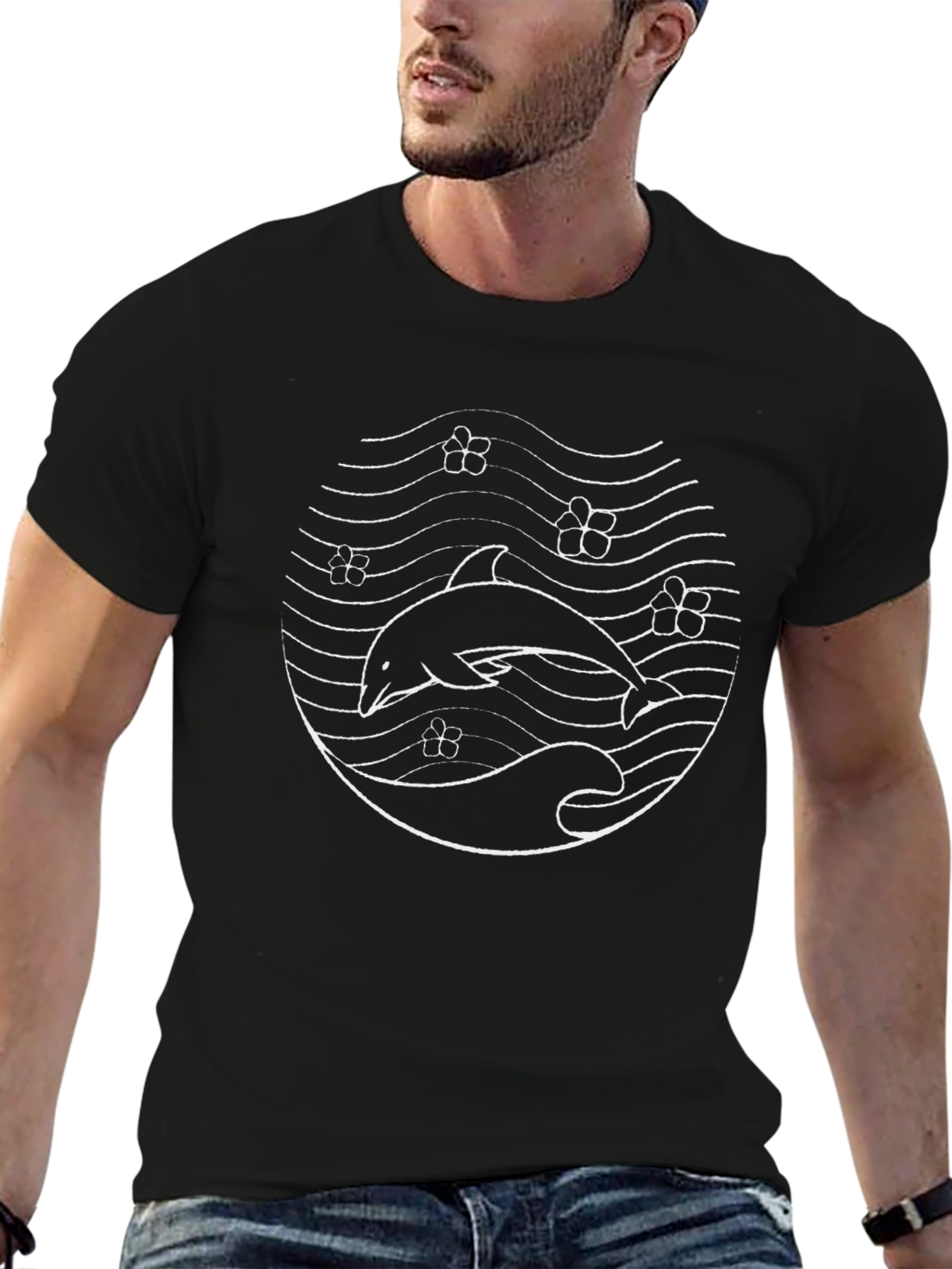 Camiseta Negra con Diseño de Delfín y Flores