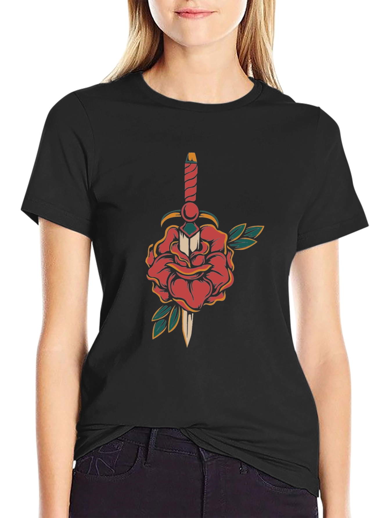 Camiseta Negra con Diseño de Rosa y Daga