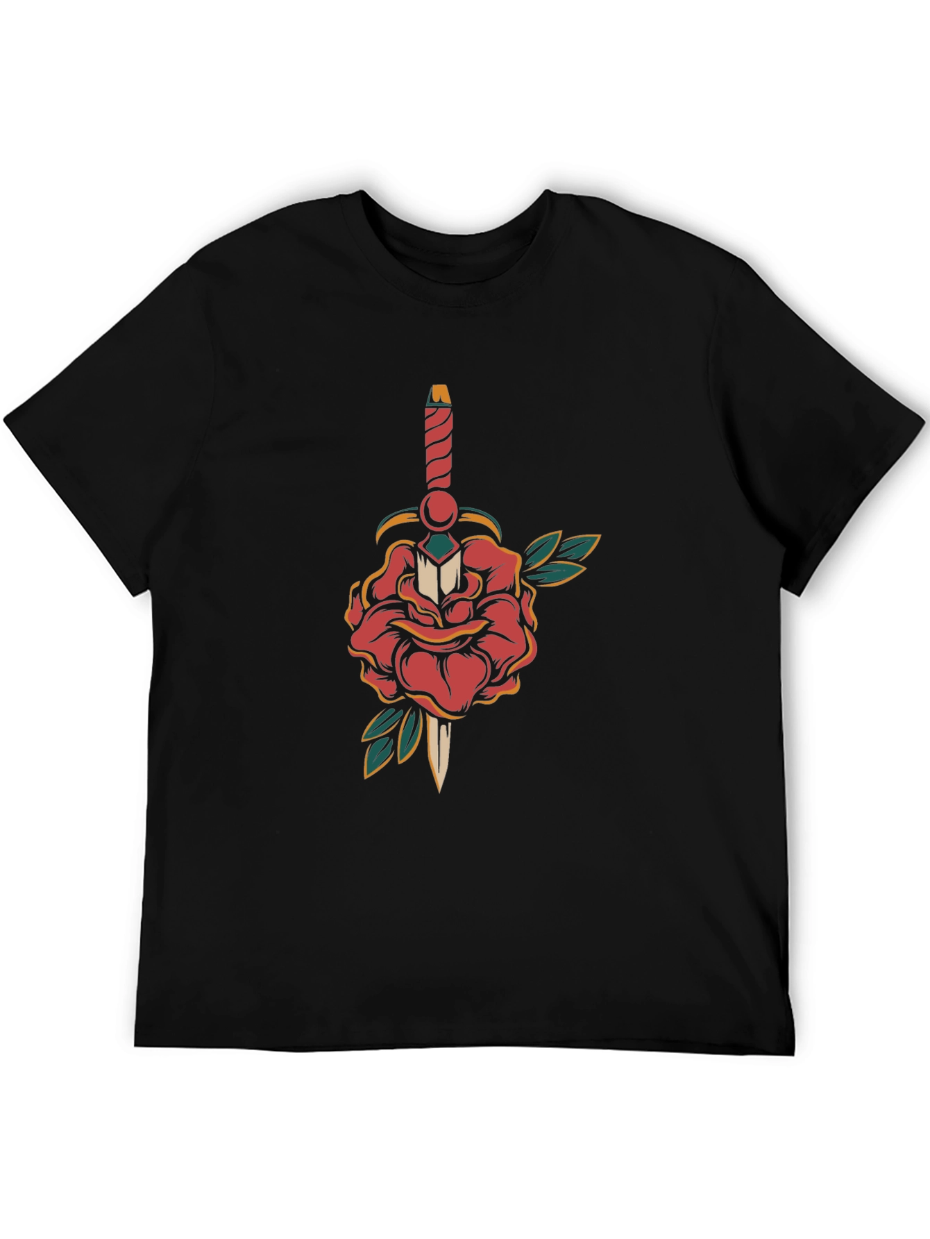 Camiseta Negra con Diseño de Rosa y Daga