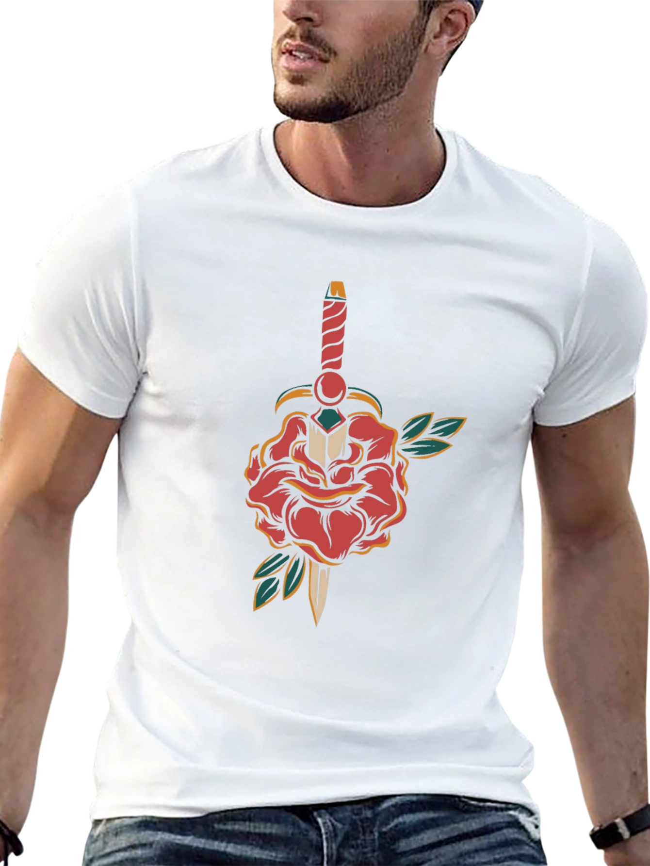 Camiseta Negra con Diseño de Rosa y Daga