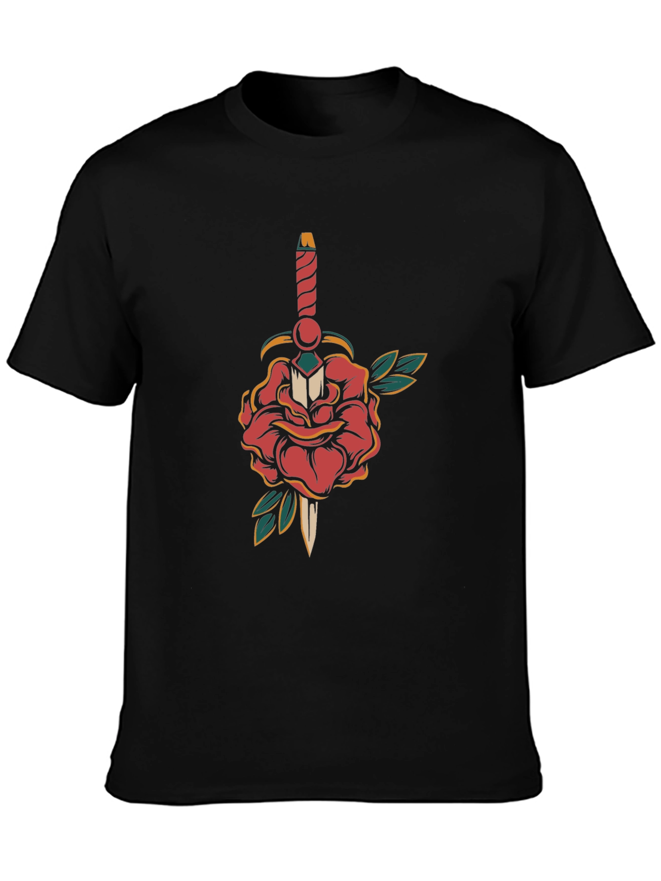 Camiseta Negra con Diseño de Rosa y Daga