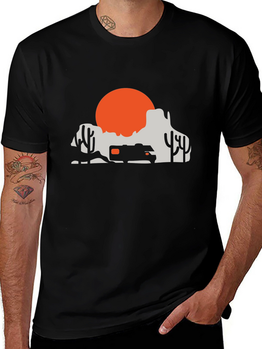 Camiseta Negra Diseño Desierto y Atardecer