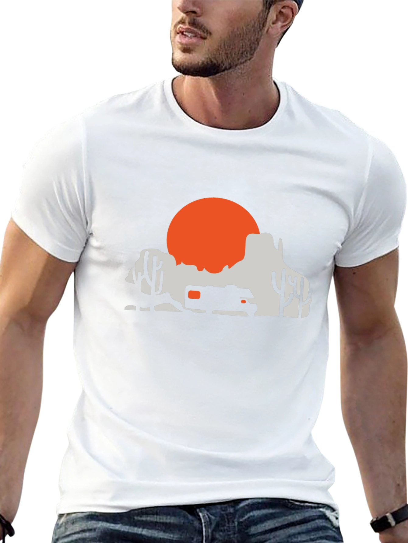 Camiseta Negra Diseño Desierto y Atardecer