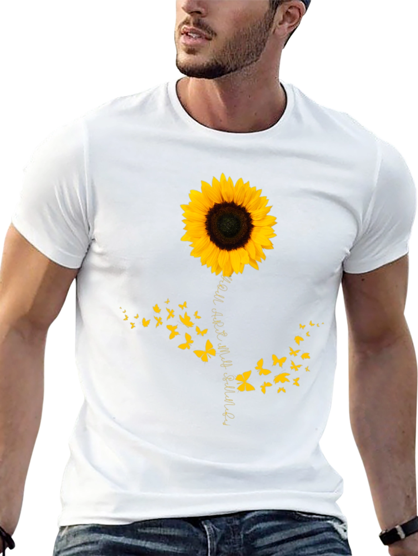 Camiseta Negra con Girasol y Mariposas para Hombre