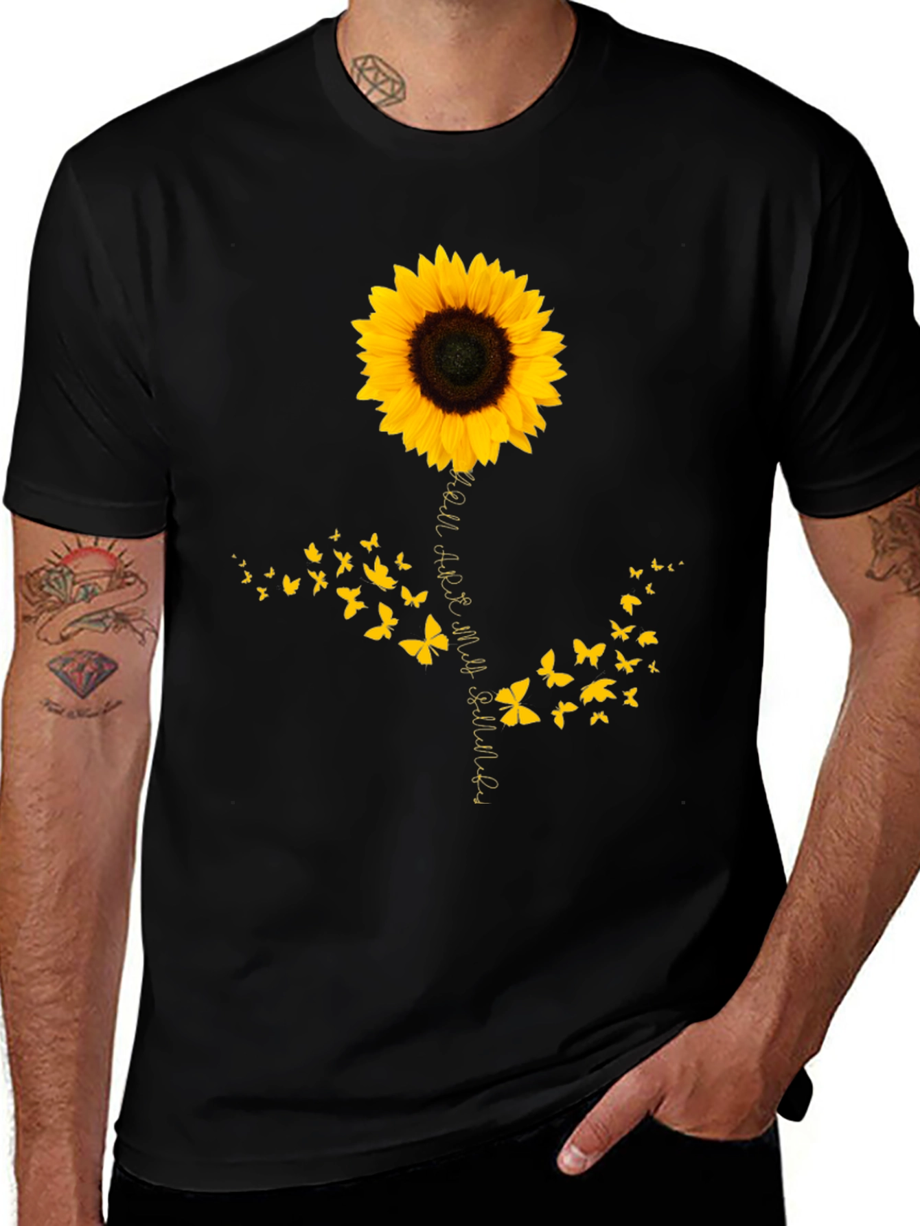Camiseta Negra con Girasol y Mariposas para Hombre