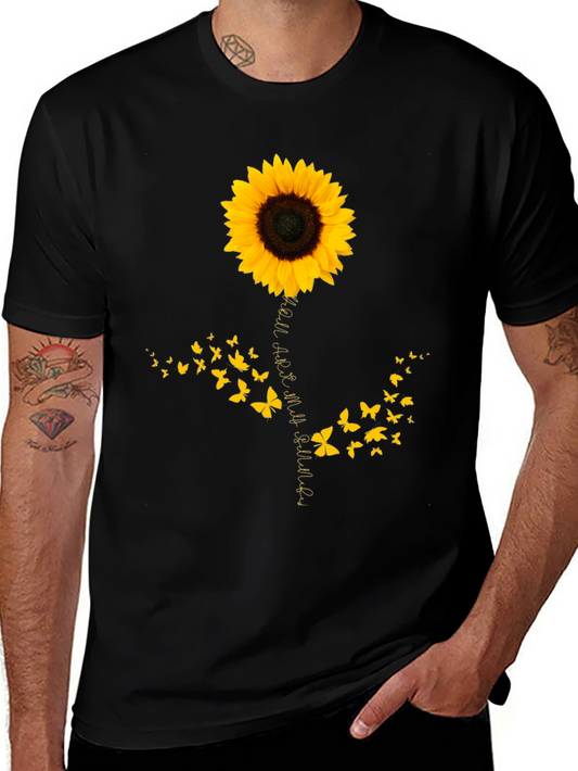 Camiseta Negra con Girasol y Mariposas para Hombre