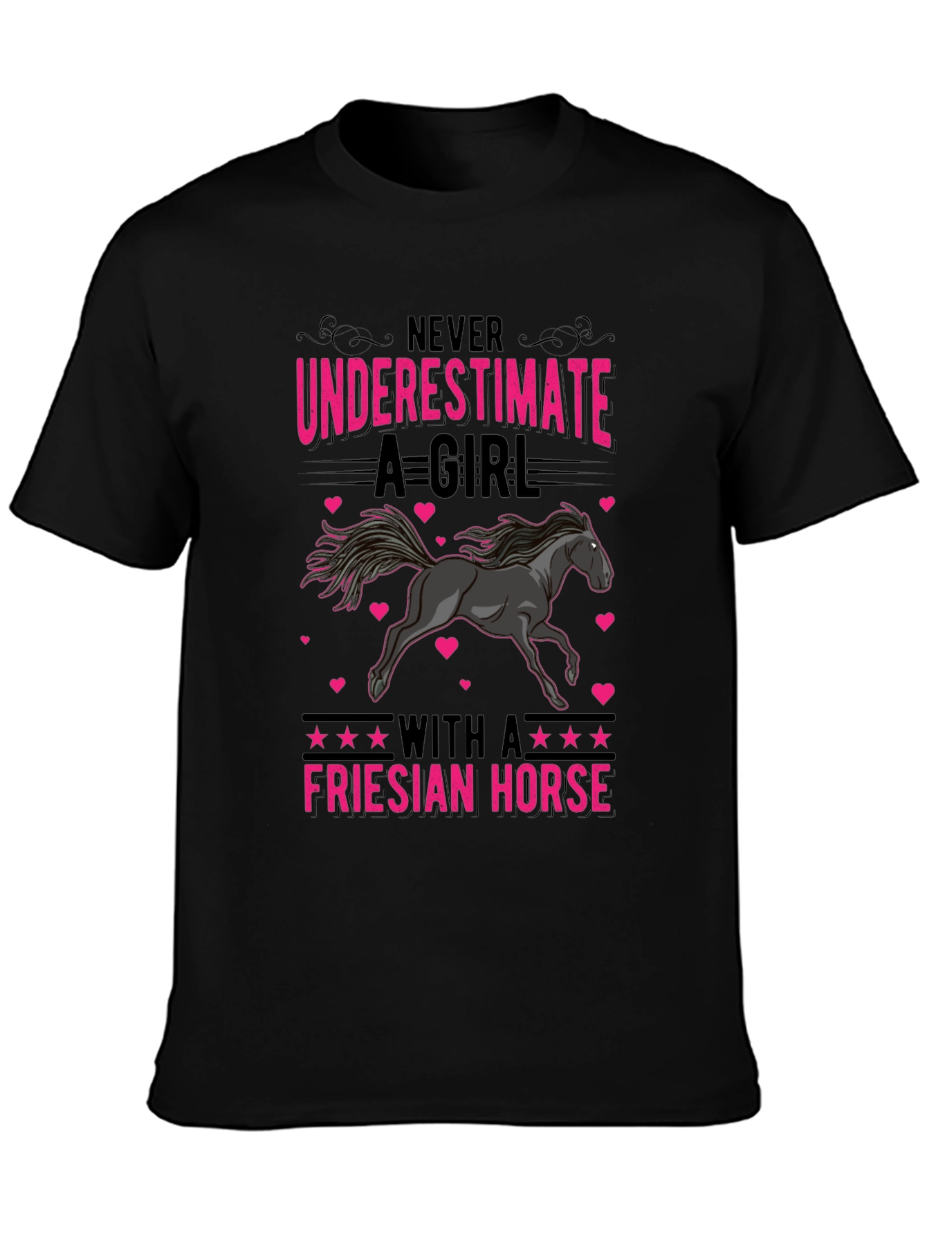 Camiseta Negra con Diseño de Caballo Frisón para Mujer