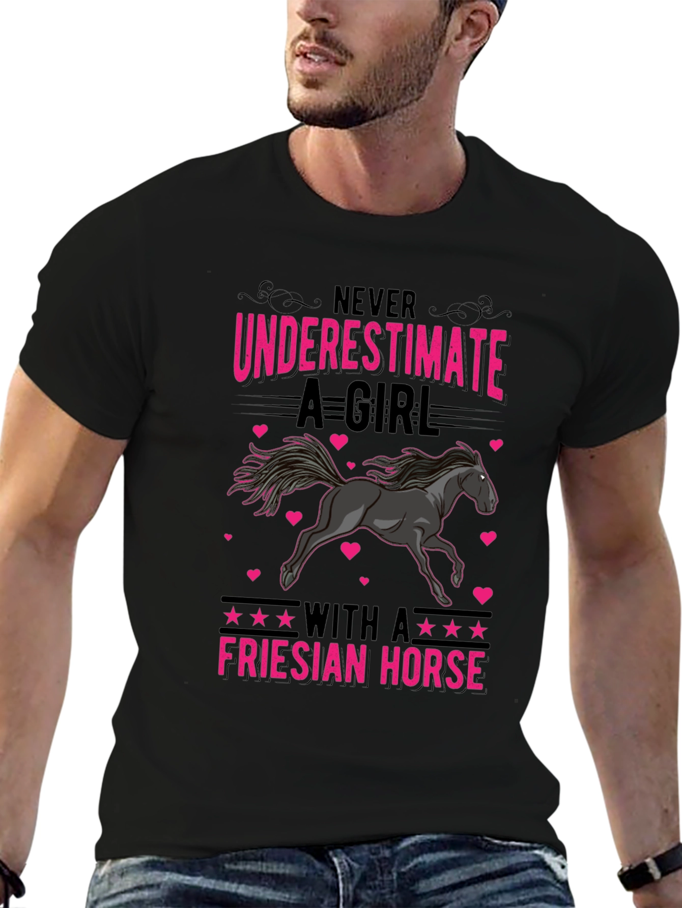 Camiseta Negra con Diseño de Caballo Frisón para Mujer