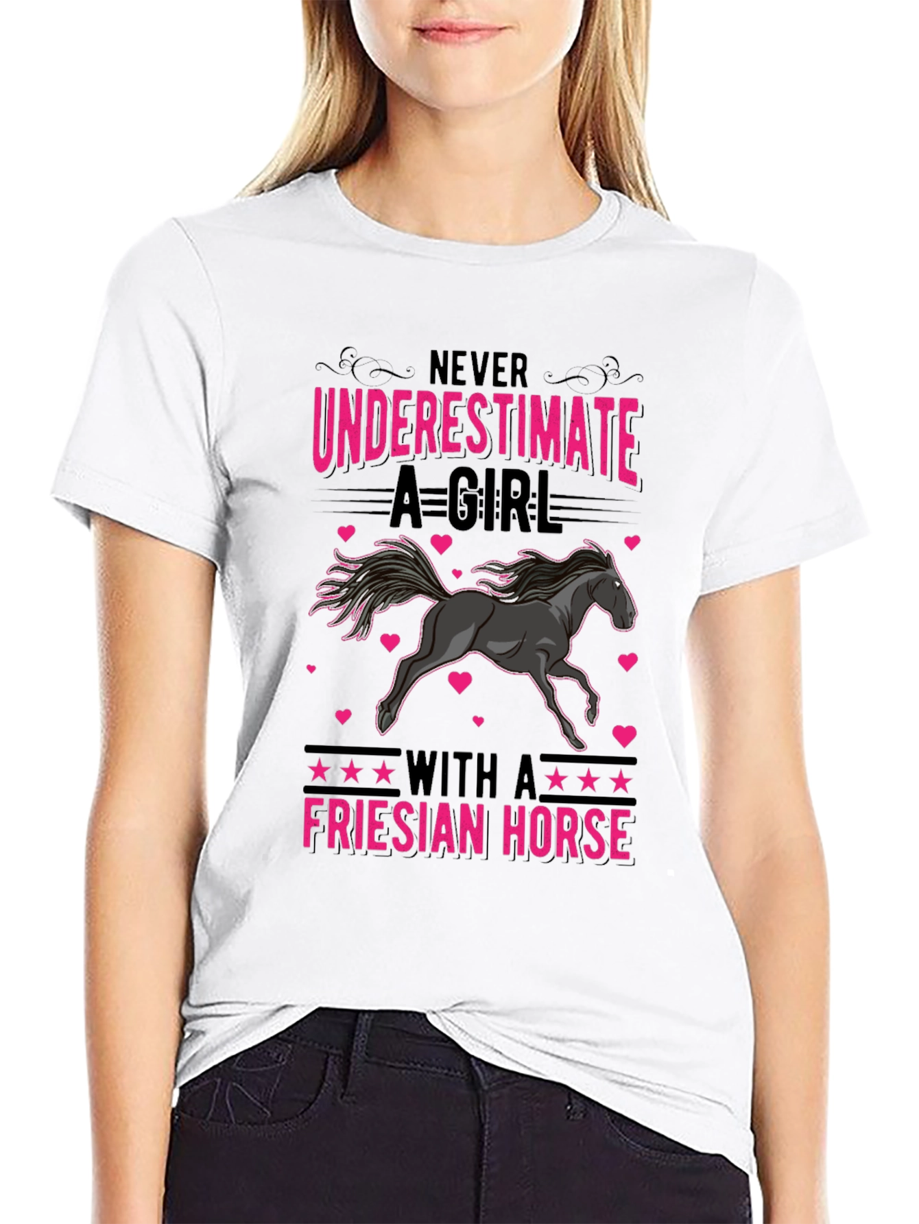 Camiseta Negra con Diseño de Caballo Frisón para Mujer