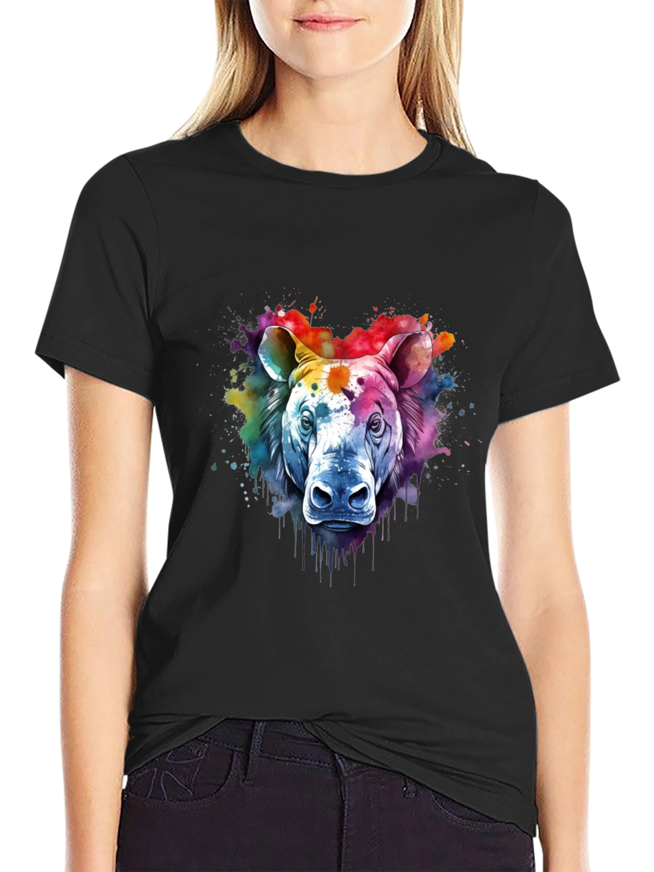 Camiseta Negra con Diseño de Rinoceronte Acuarela