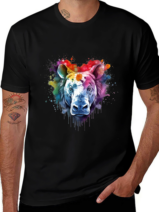 Camiseta Negra con Diseño de Rinoceronte Acuarela
