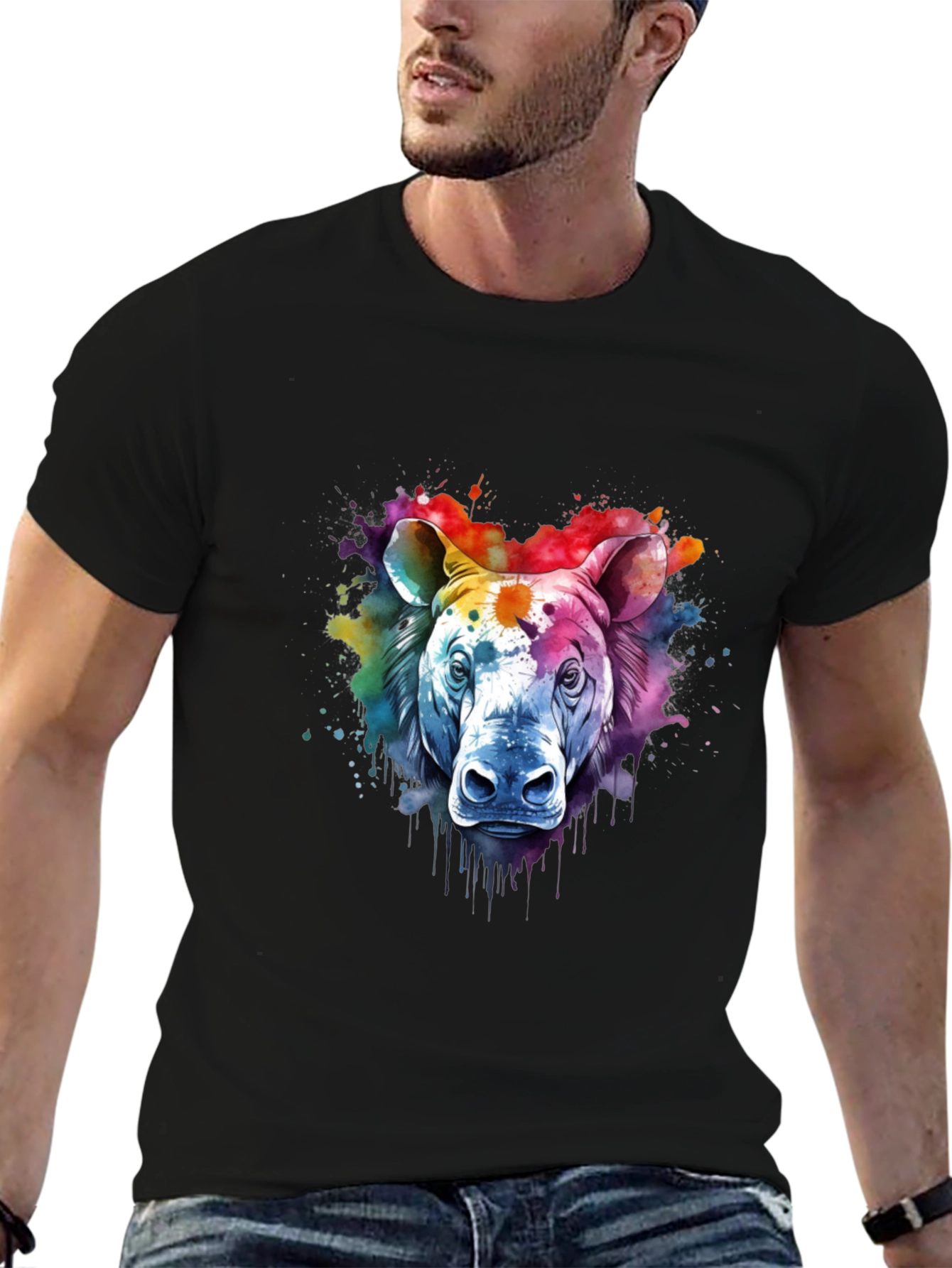 Camiseta Negra con Diseño de Rinoceronte Acuarela