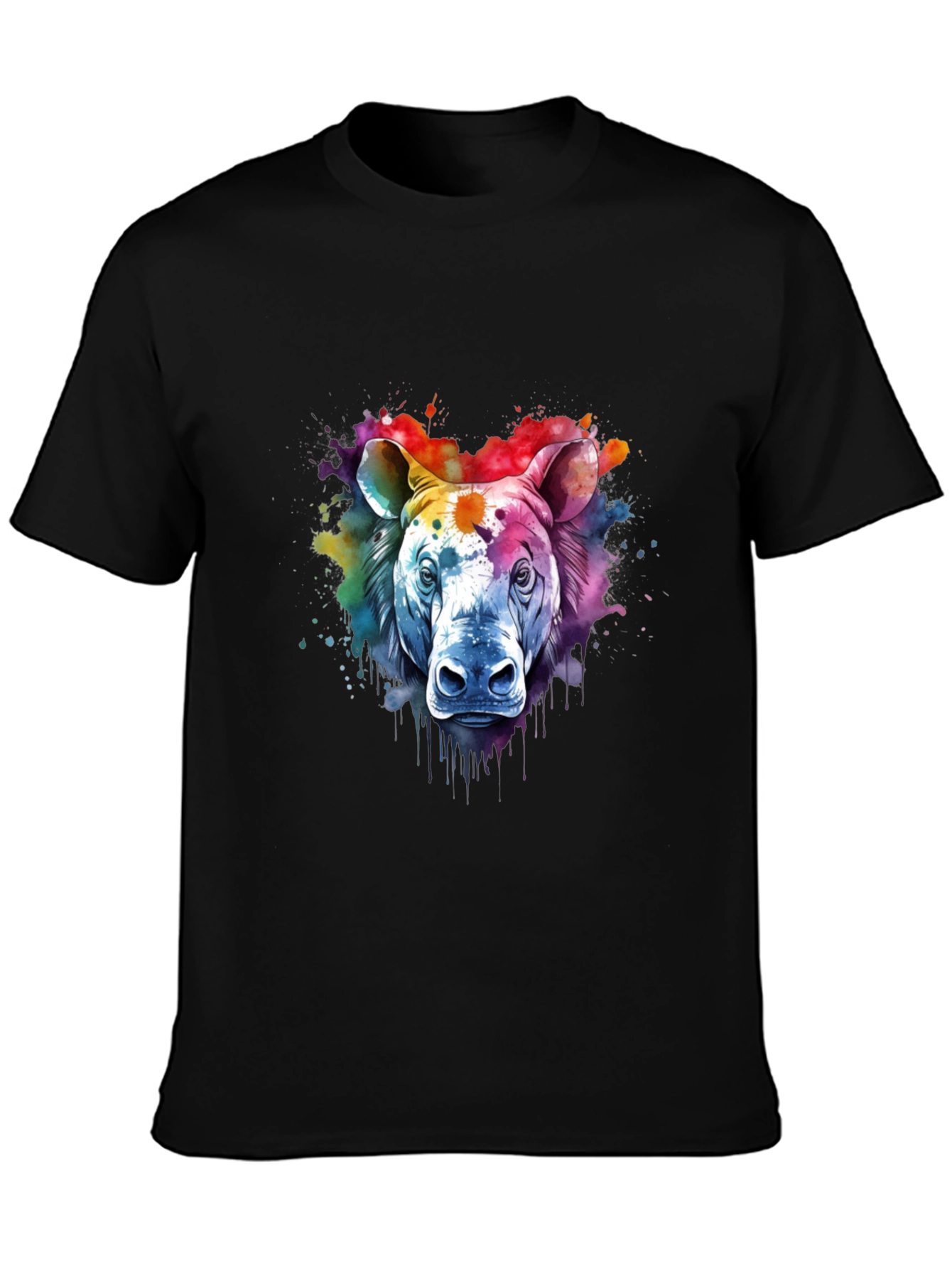 Camiseta Negra con Diseño de Rinoceronte Acuarela