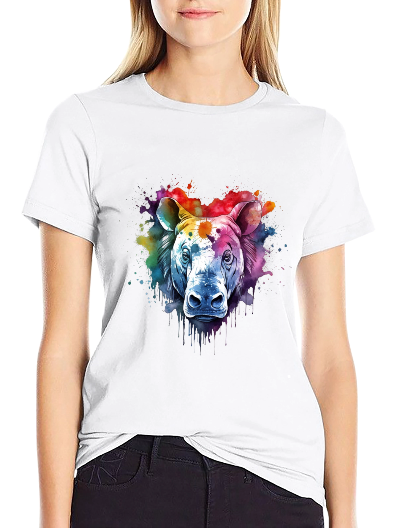 Camiseta Negra con Diseño de Rinoceronte Acuarela