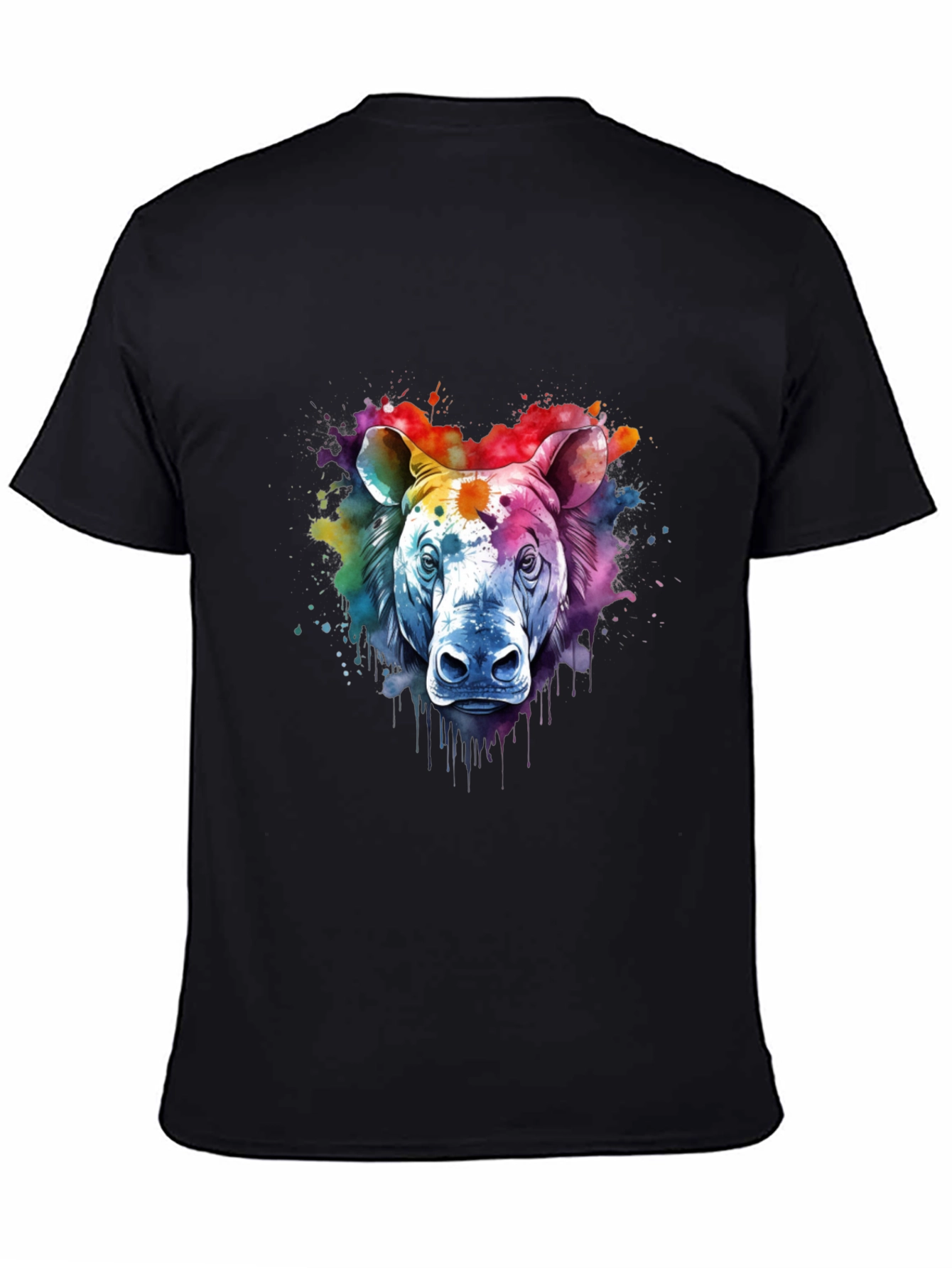 Camiseta Negra con Diseño de Rinoceronte Acuarela