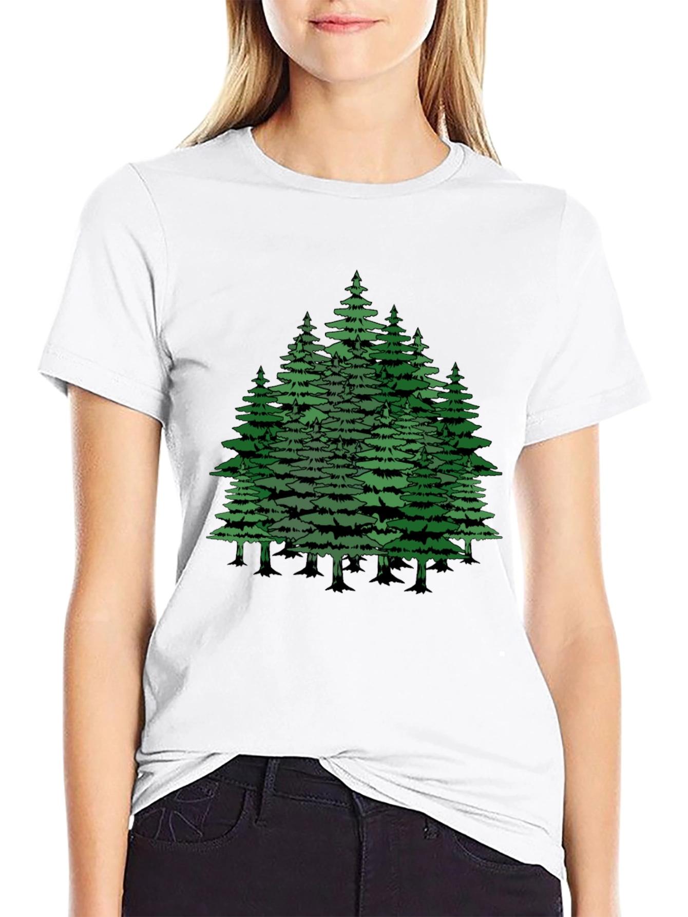 Camiseta Negra con Diseño de Bosque de Pinos