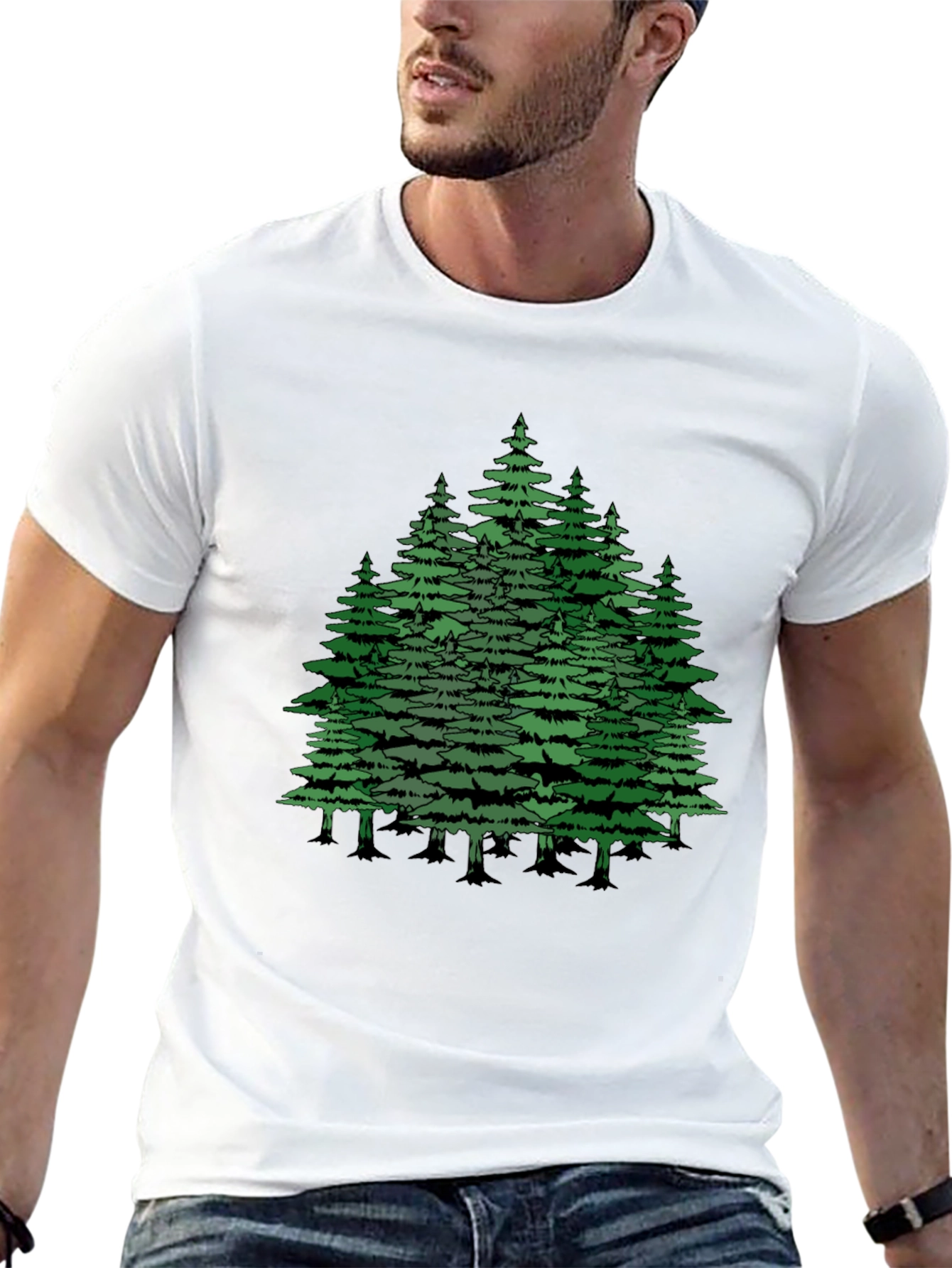 Camiseta Negra con Diseño de Bosque de Pinos