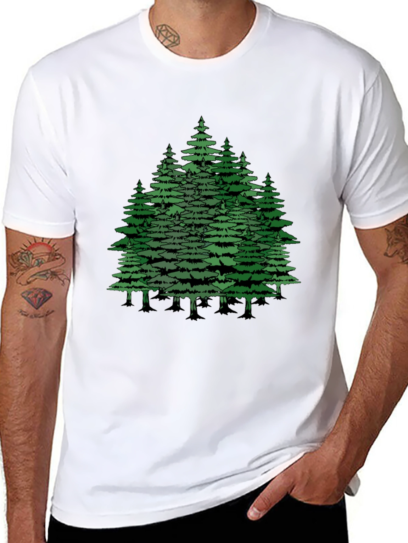 Camiseta Negra con Diseño de Bosque de Pinos