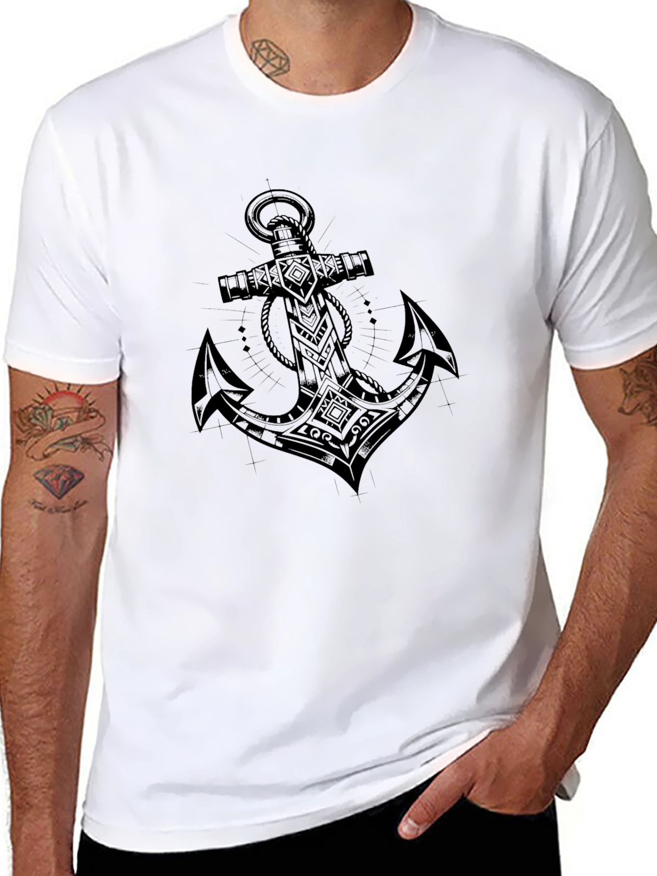 Camiseta Negra con Diseño de Ancla Tribal para Hombre