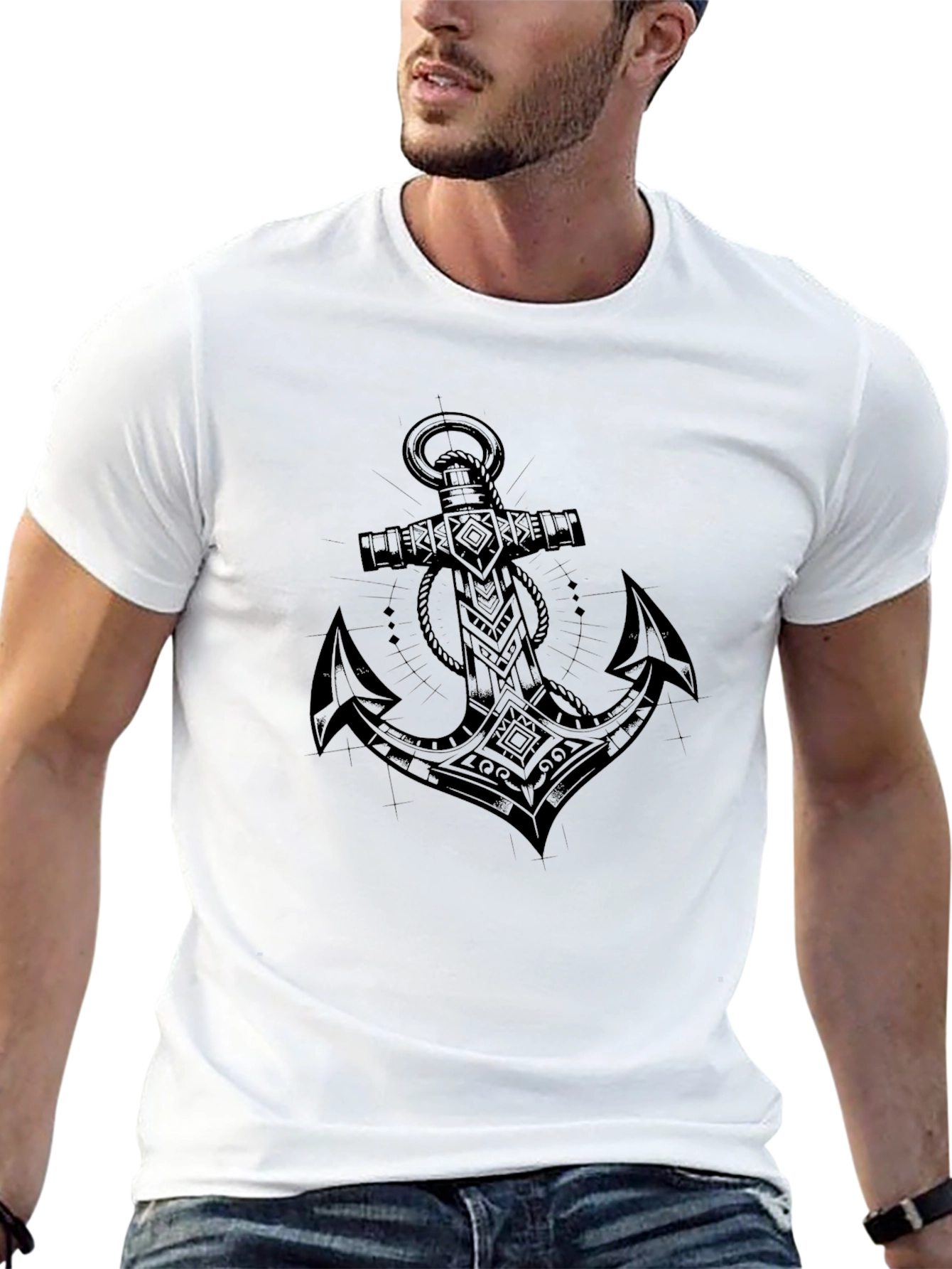 Camiseta Negra con Diseño de Ancla Tribal para Hombre