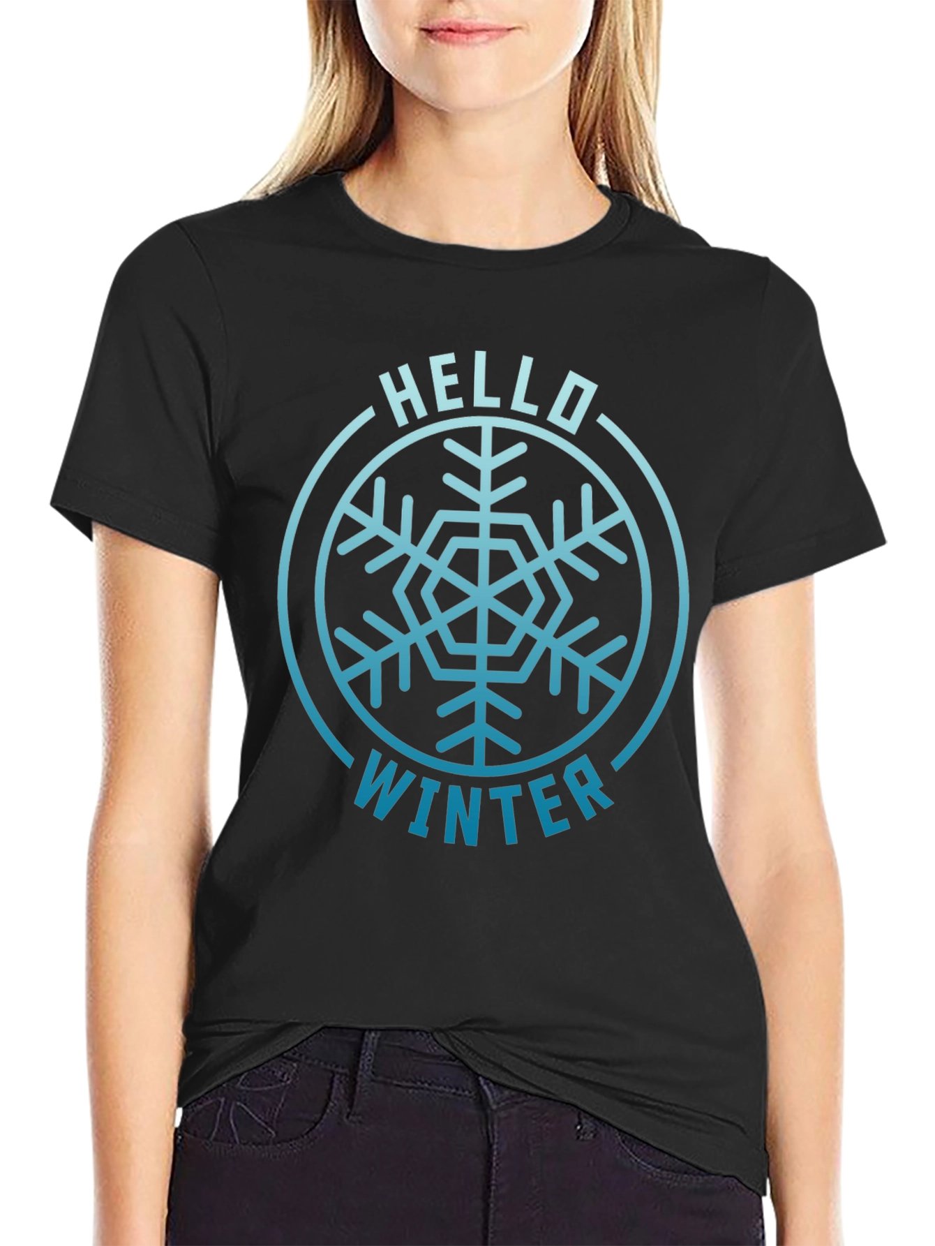 Camiseta Negra Hola Invierno Diseño Copo de Nieve