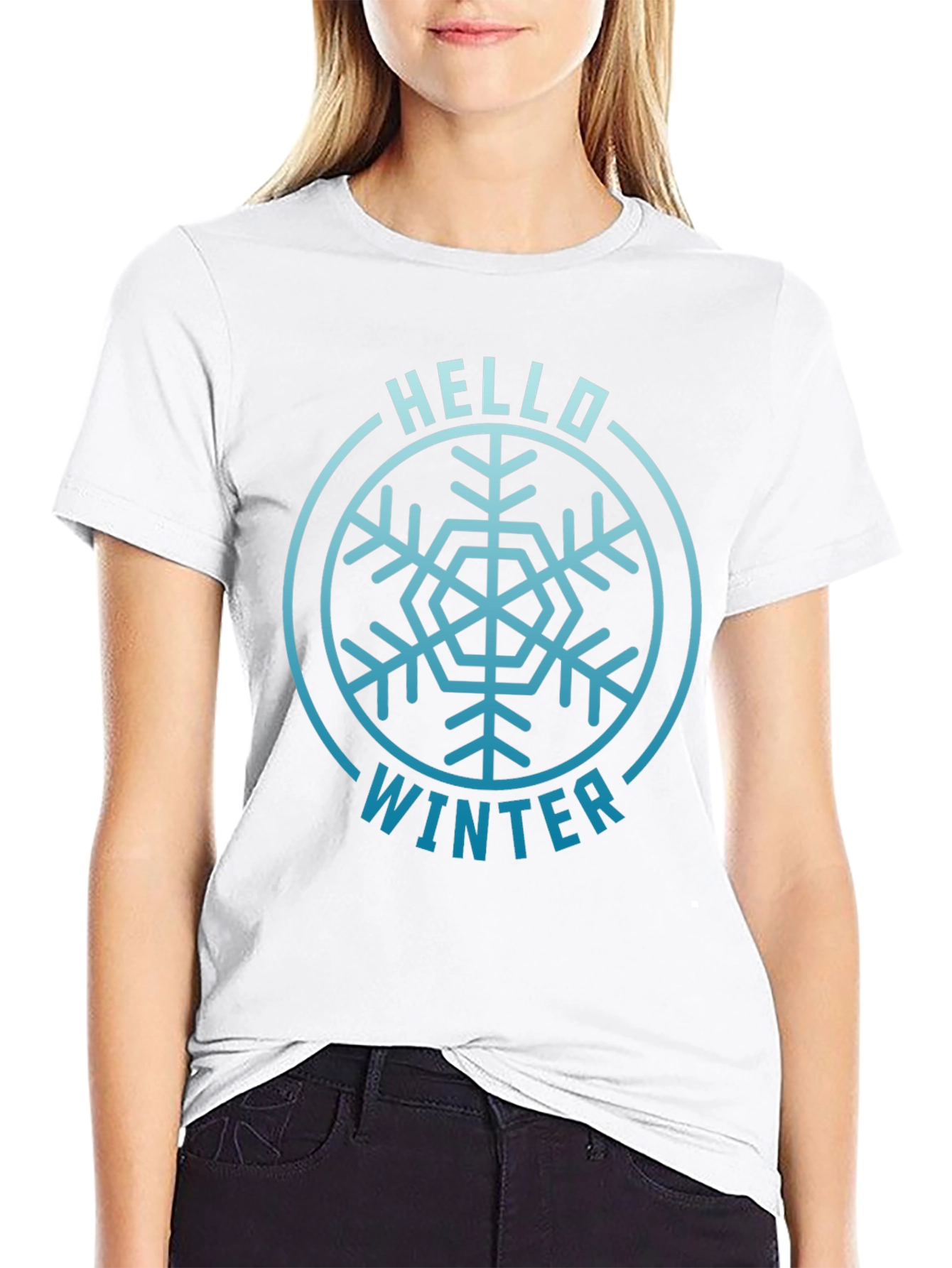 Camiseta Negra Hola Invierno Diseño Copo de Nieve
