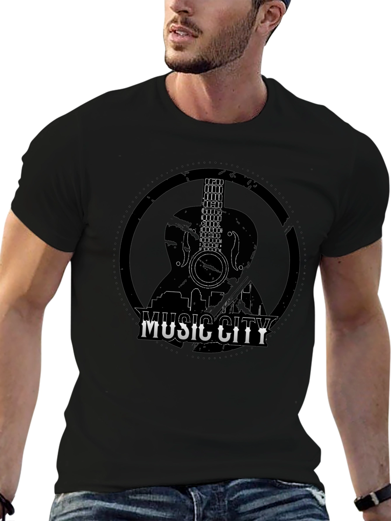 Camiseta Negra Music City con Diseño de Guitarra