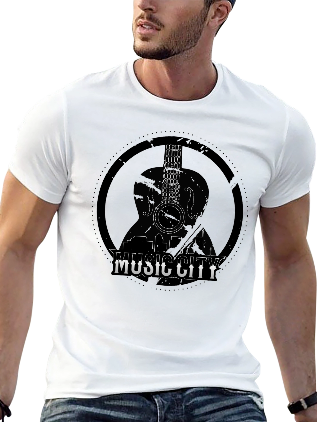 Camiseta Negra Music City con Diseño de Guitarra