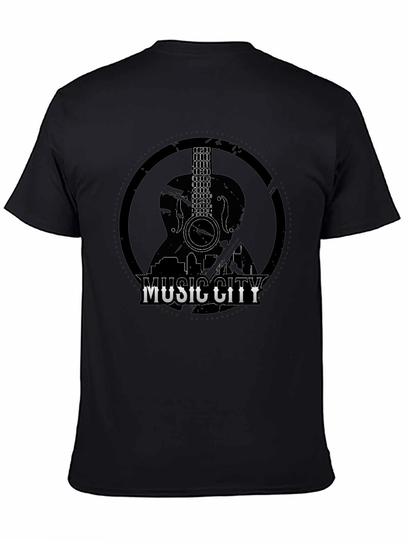 Camiseta Negra Music City con Diseño de Guitarra