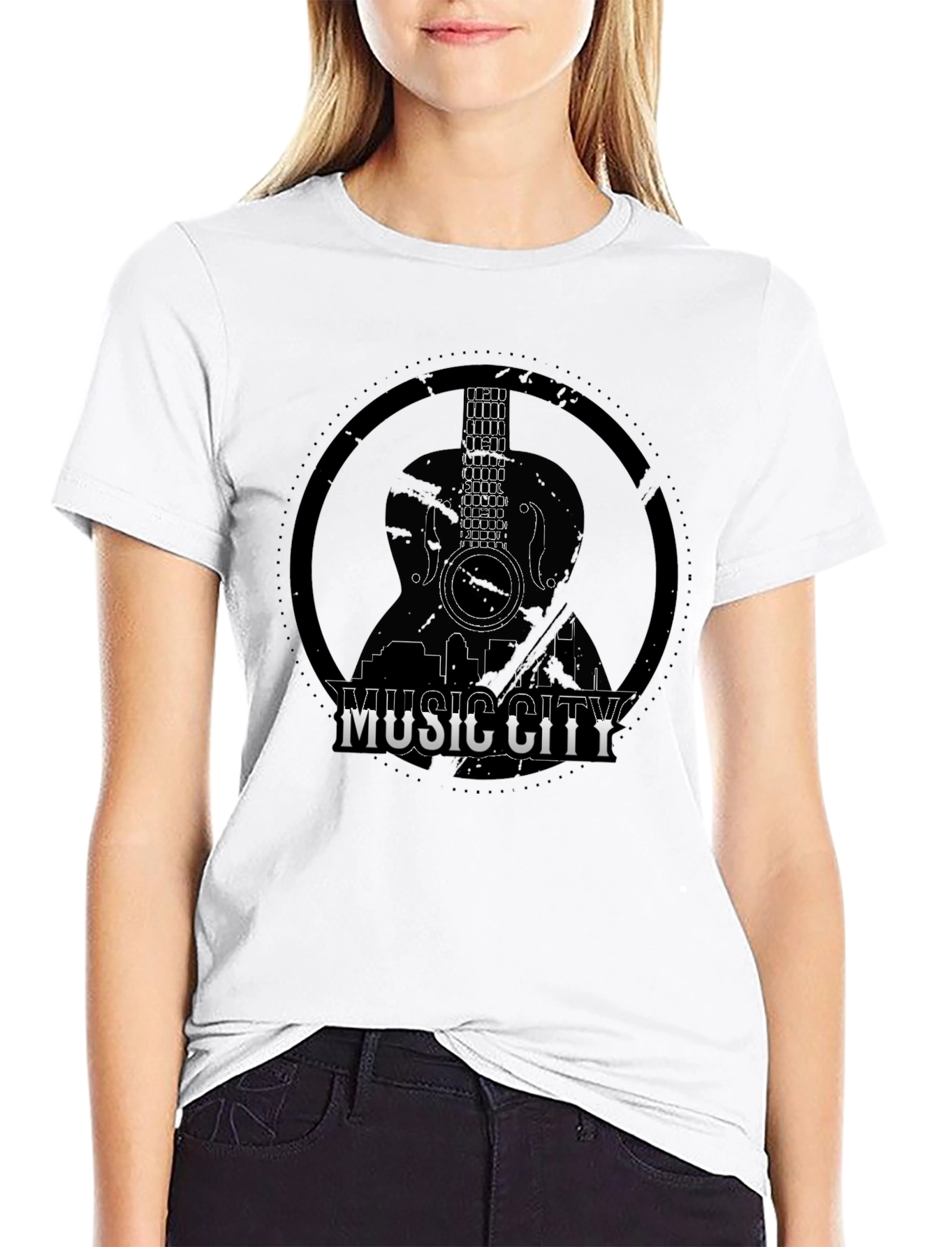 Camiseta Negra Music City con Diseño de Guitarra