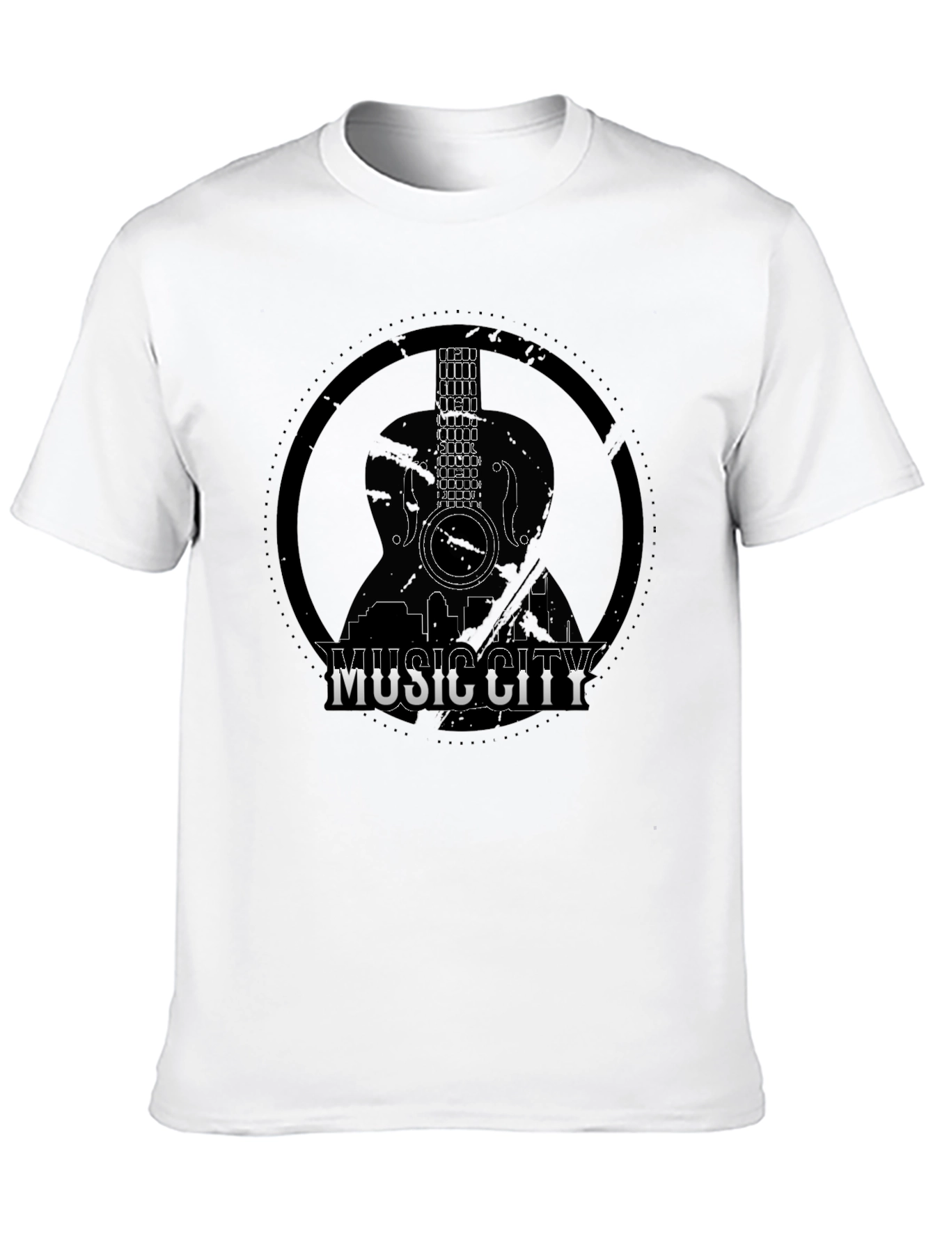 Camiseta Negra Music City con Diseño de Guitarra