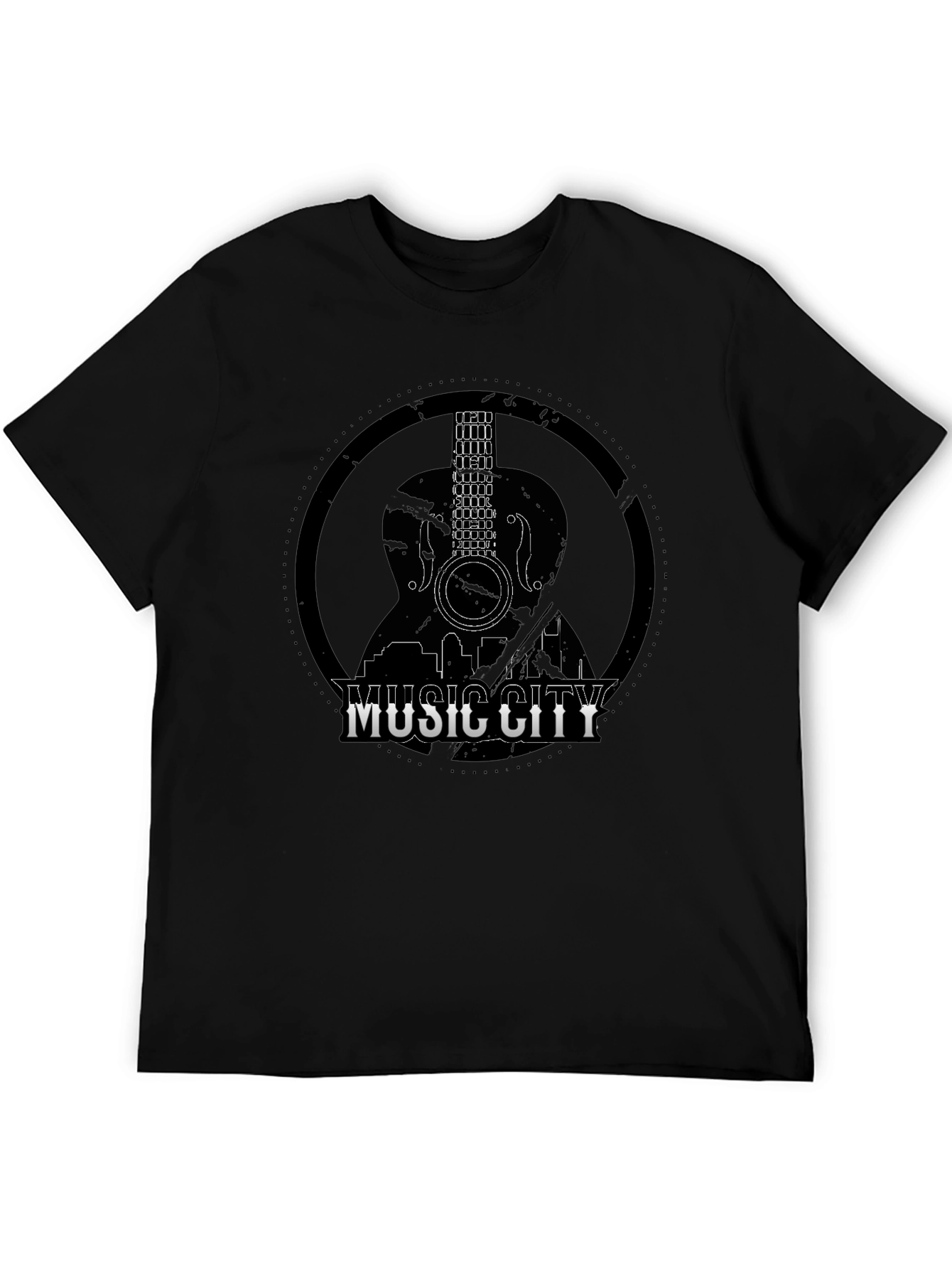 Camiseta Negra Music City con Diseño de Guitarra