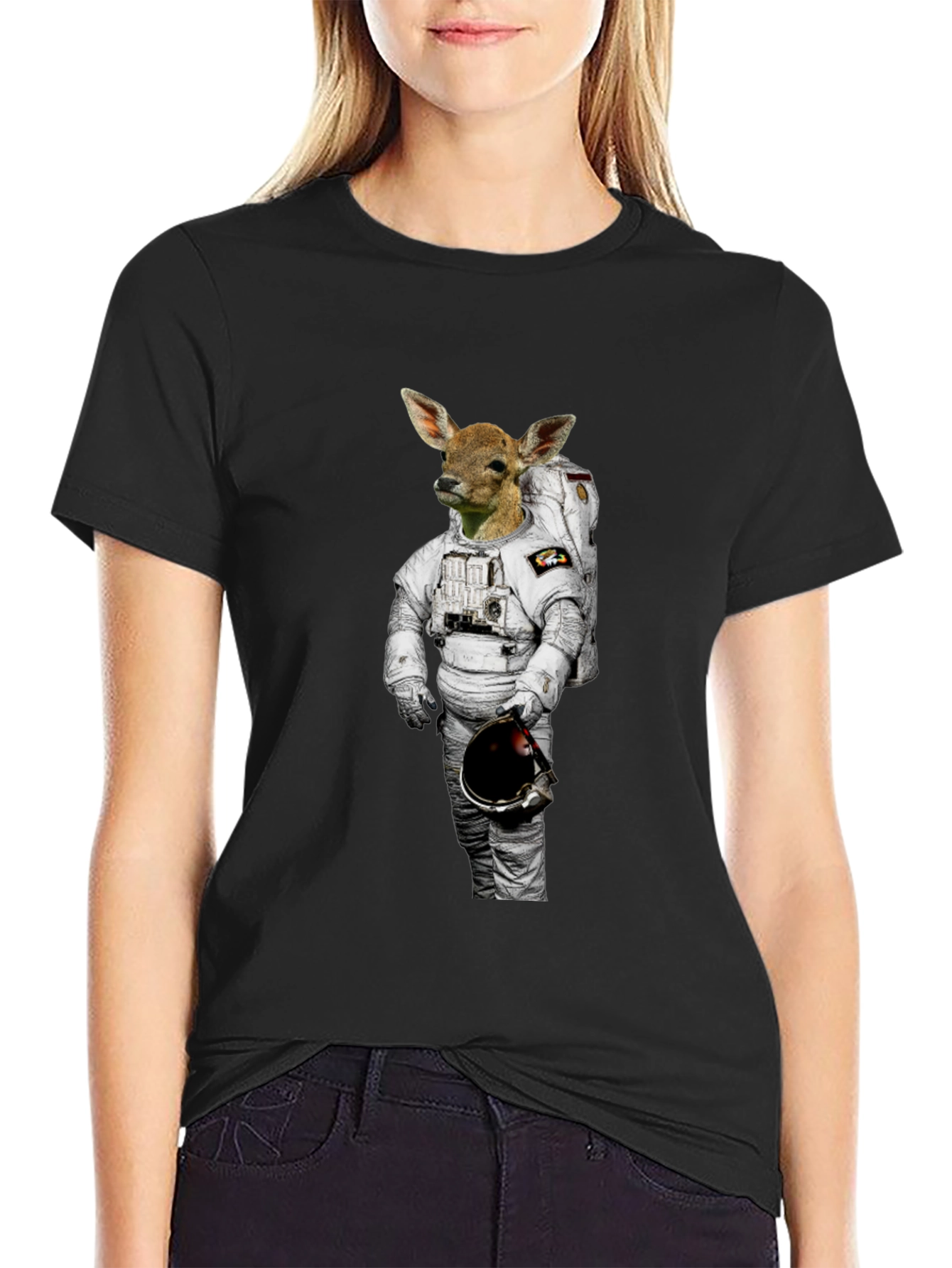 Camiseta Negra con Diseño Astronauta Ciervo