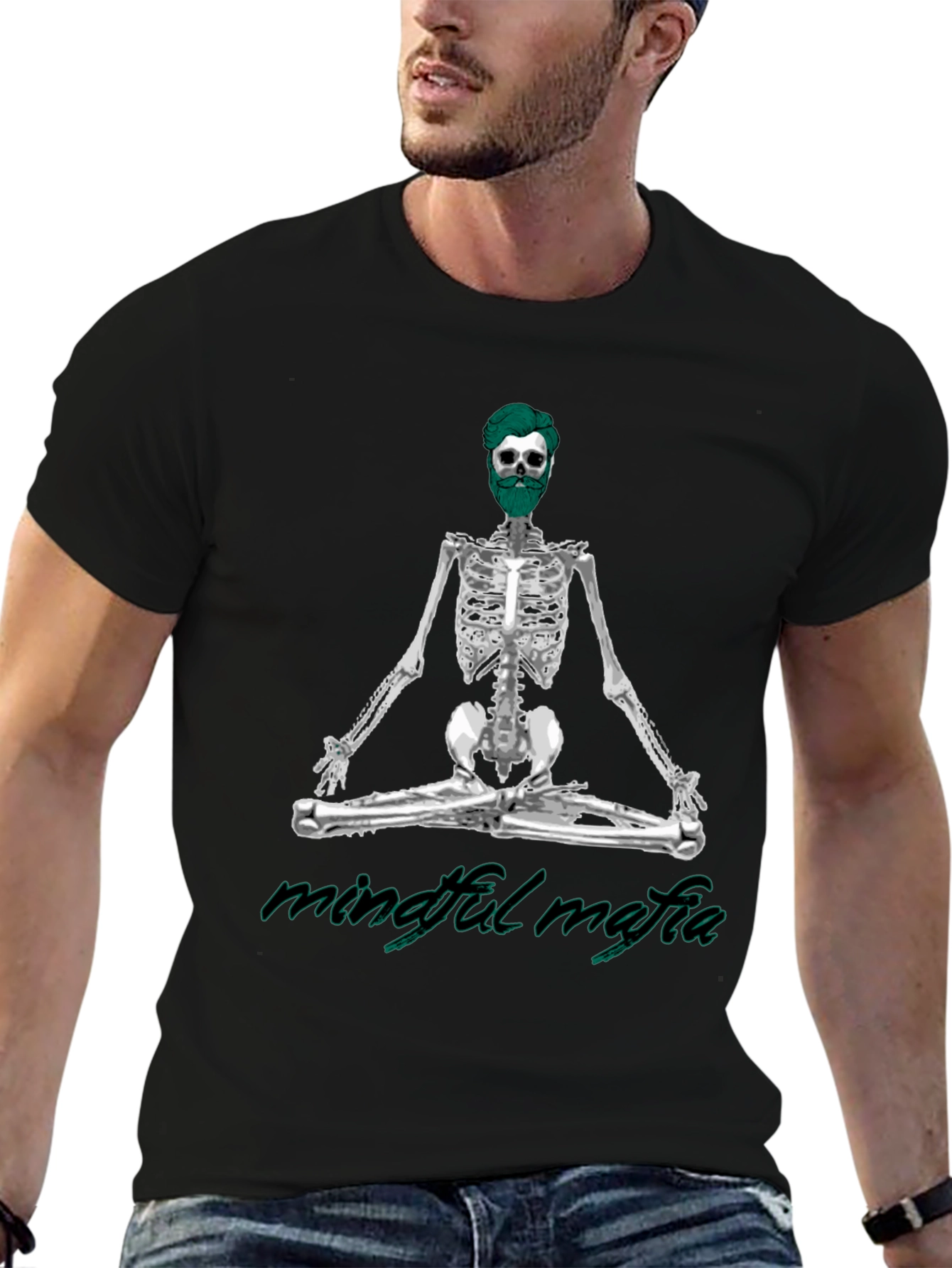 Camiseta Negra Mindfulness Mafia - Diseño Esqueleto