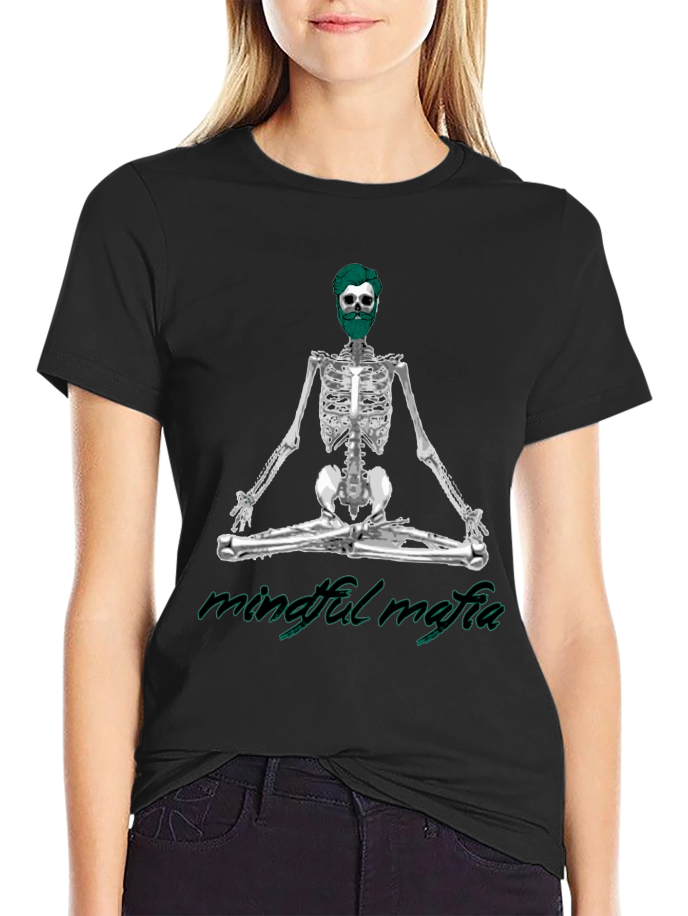 Camiseta Negra Mindfulness Mafia - Diseño Esqueleto