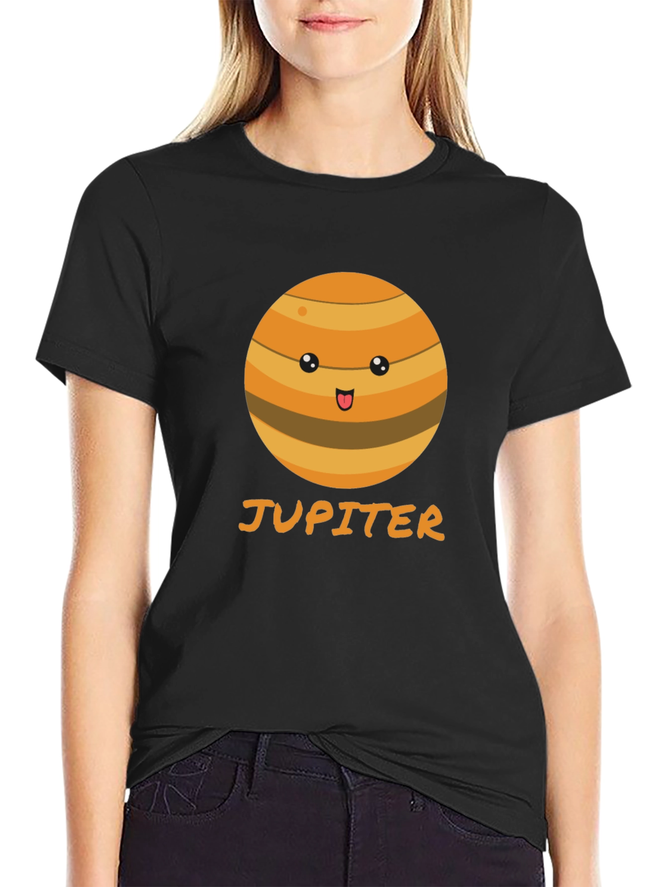 Camiseta Negra con Diseño de Júpiter Kawaii