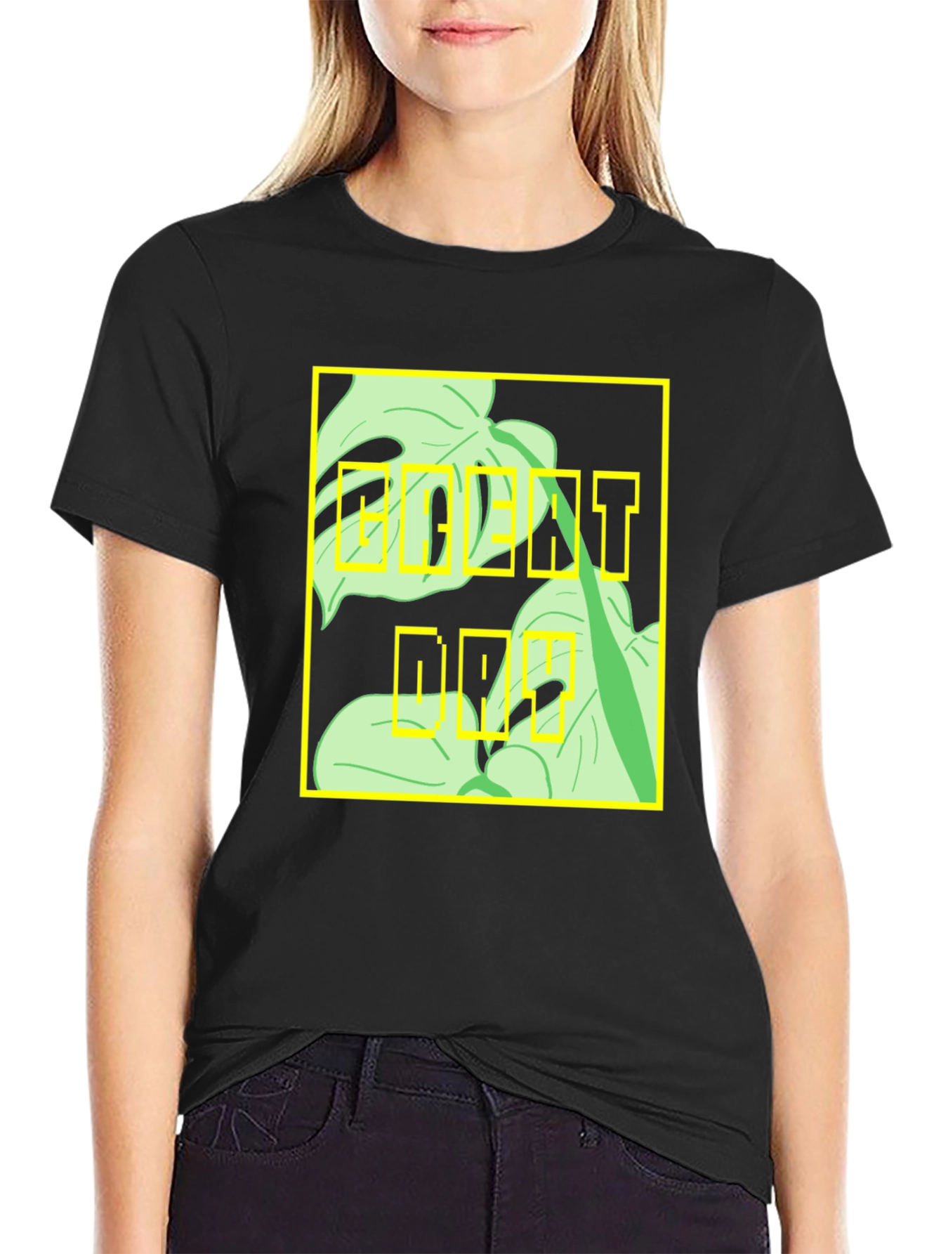 Camiseta Negra con Diseño Tropical Moderno