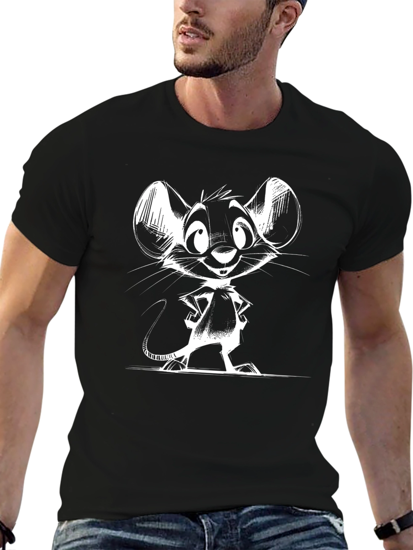 Camiseta Negra con Dibujo de Ratón Blanco